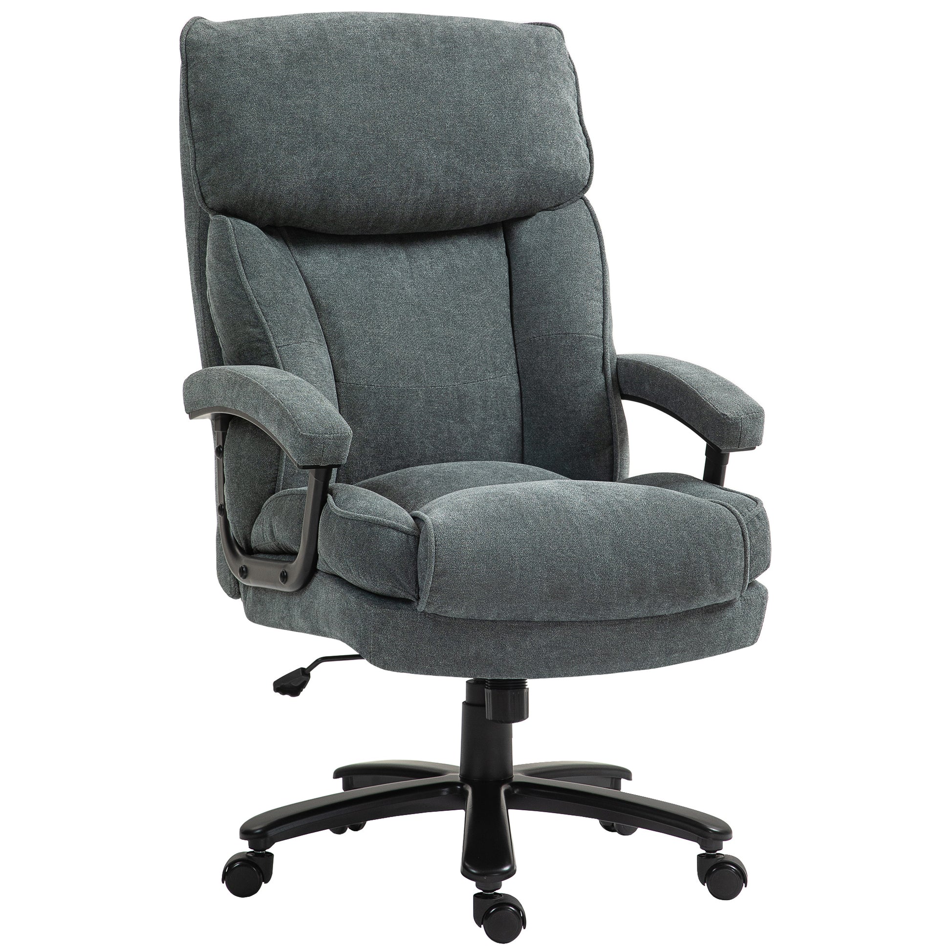 Gray fabric executive office chair with padded headrest and armrests