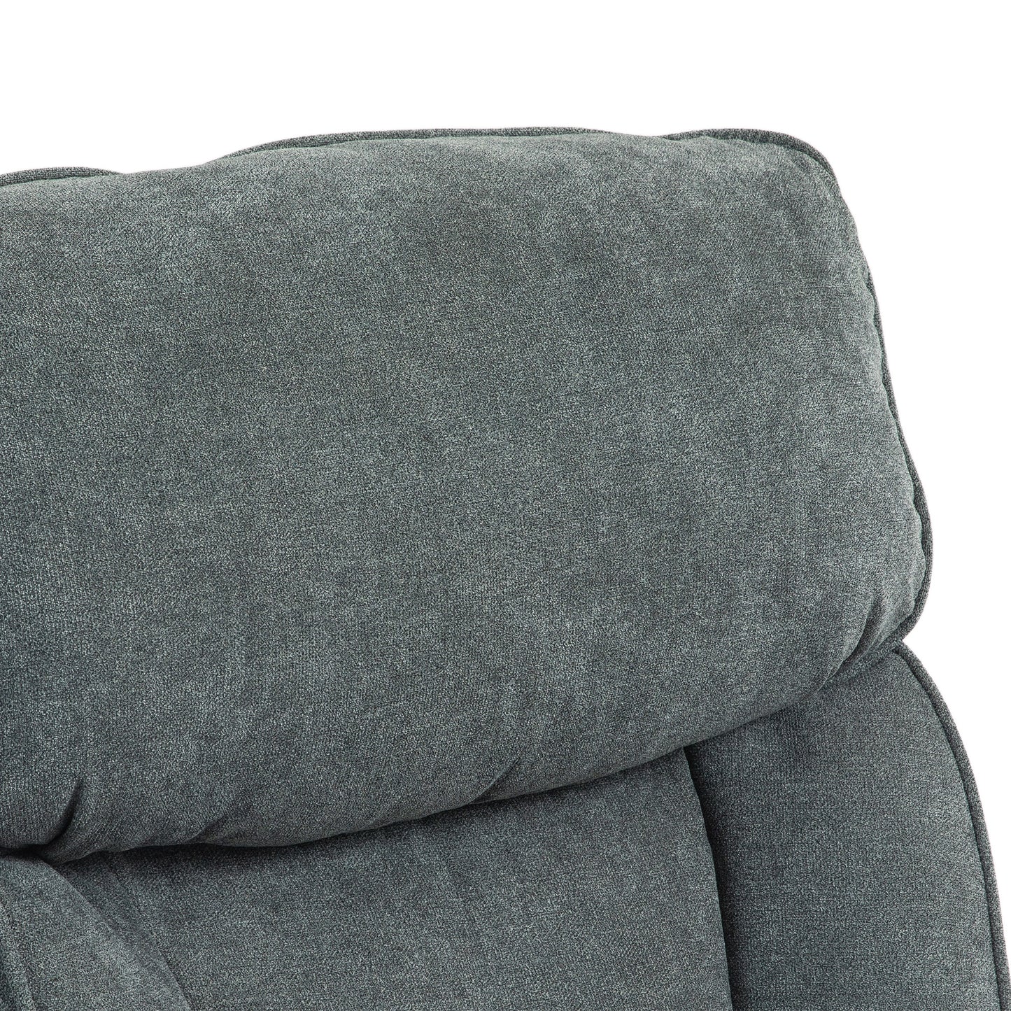 Closeup of plush grey fabric armchair headrest emphasizing texture and comfort