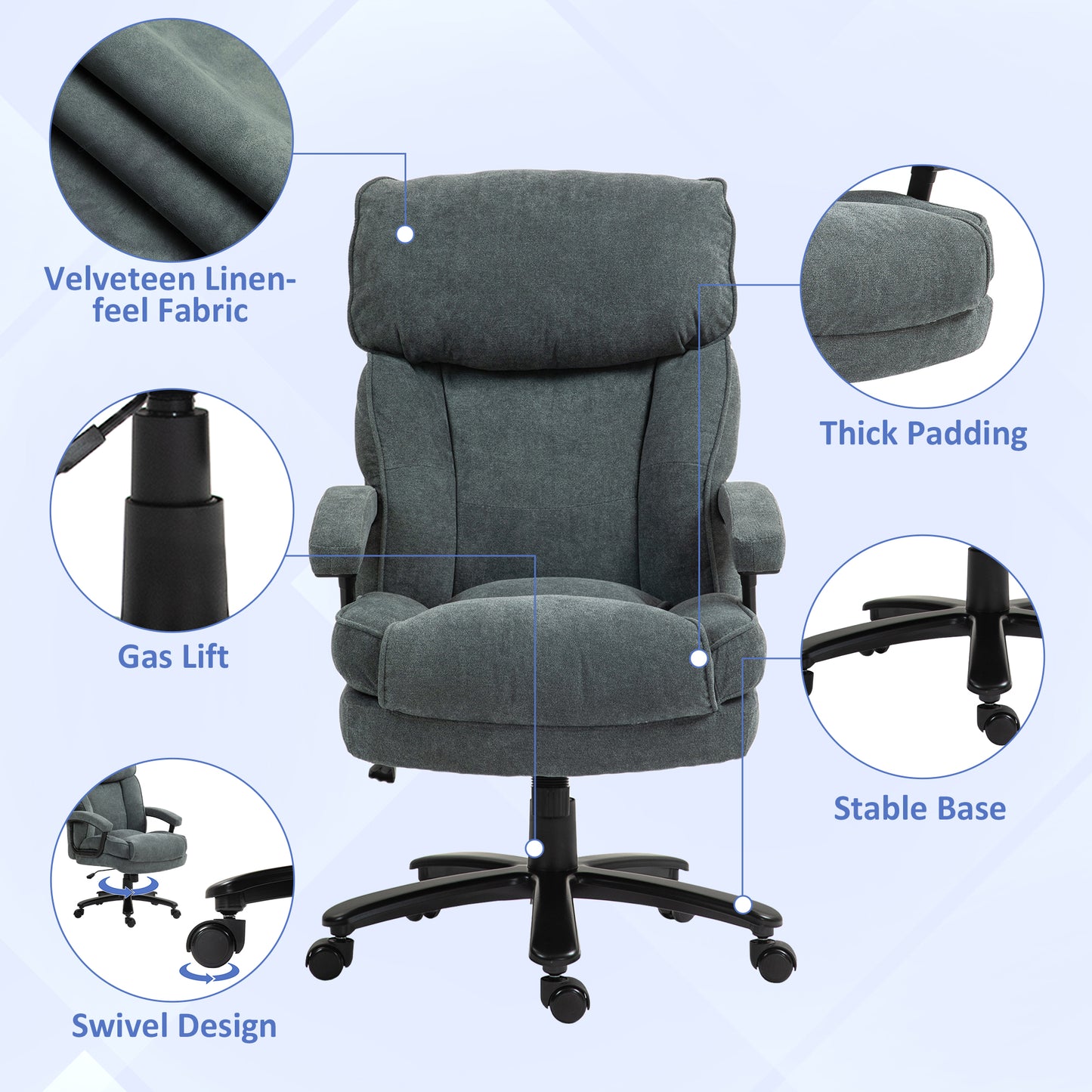 Comfortable grey office chair with velveteen linenfeel fabric and thick padding