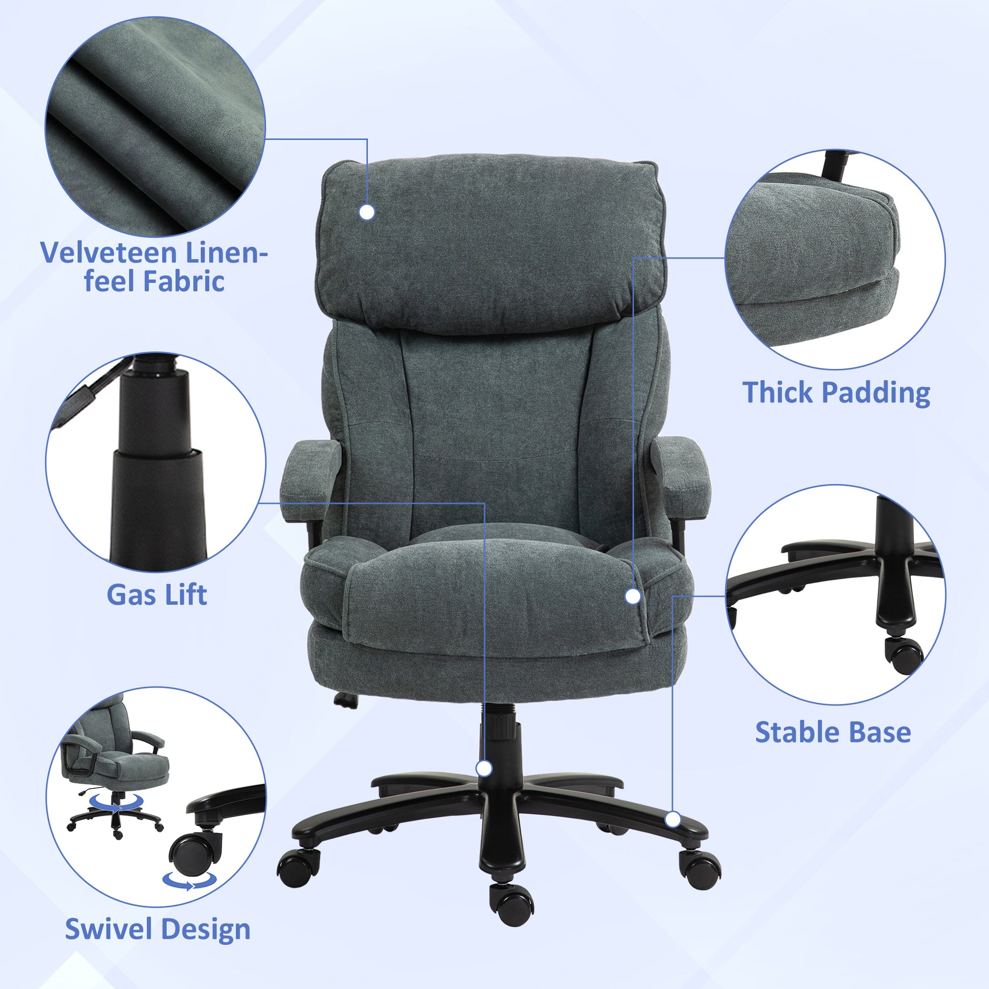 Comfortable grey office chair with velveteen linenfeel fabric and thick padding