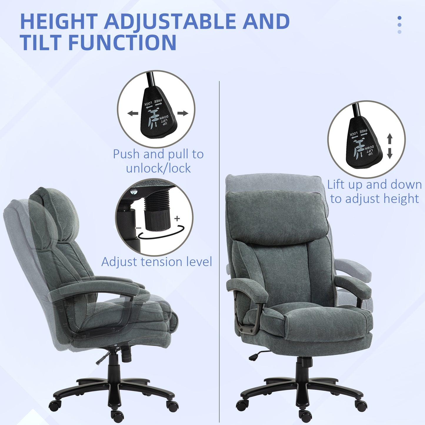Gray fabric office chair with adjustable height and tilt function
