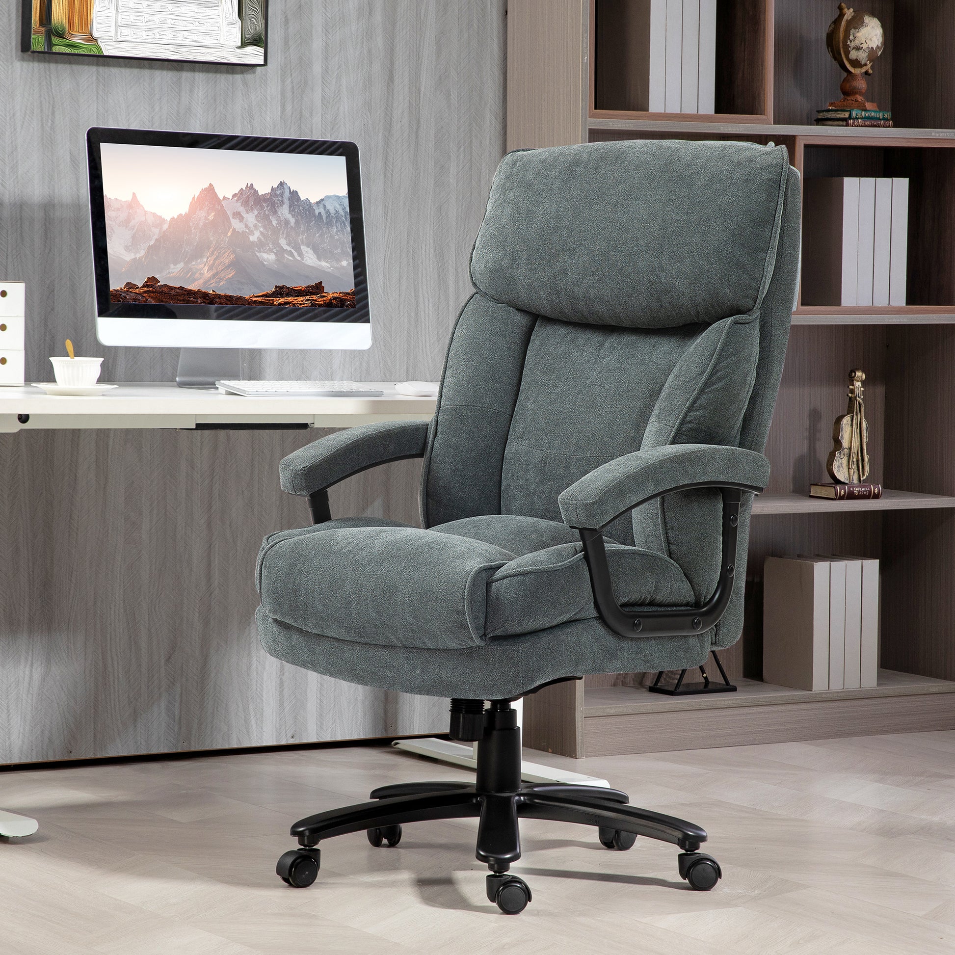 Plush grey fabric ergonomic office chair with adjustable lumbar support