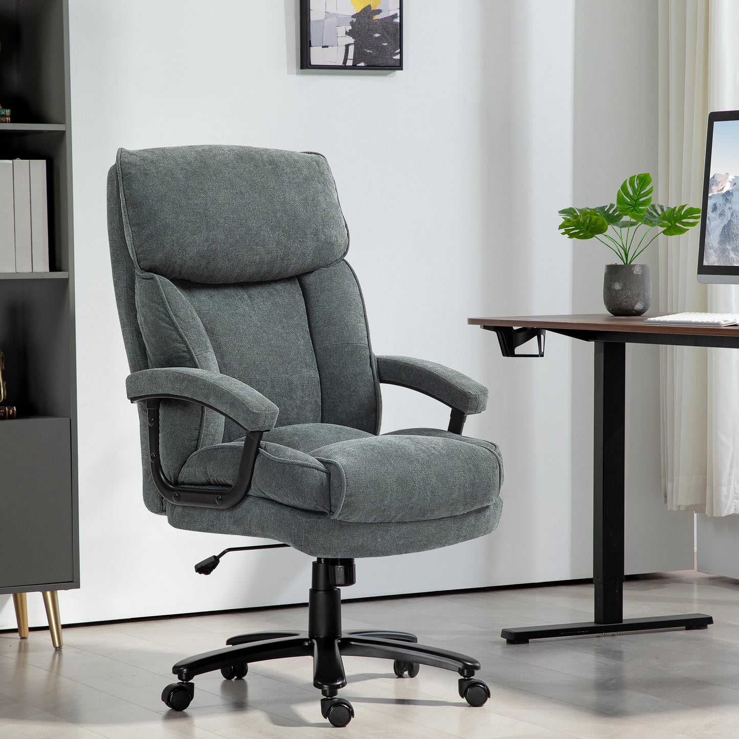 Gray fabric executive office chair with lumbar support and padded armrests