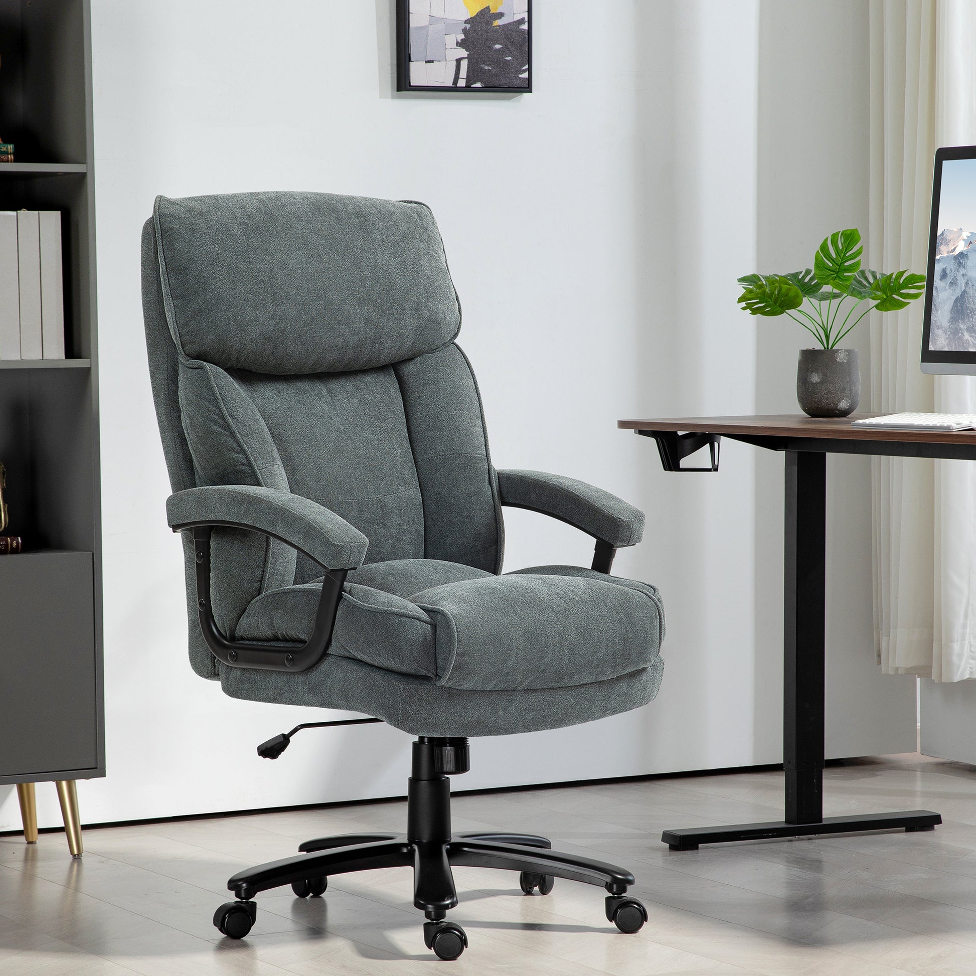 Gray fabric executive office chair with lumbar support and padded armrests