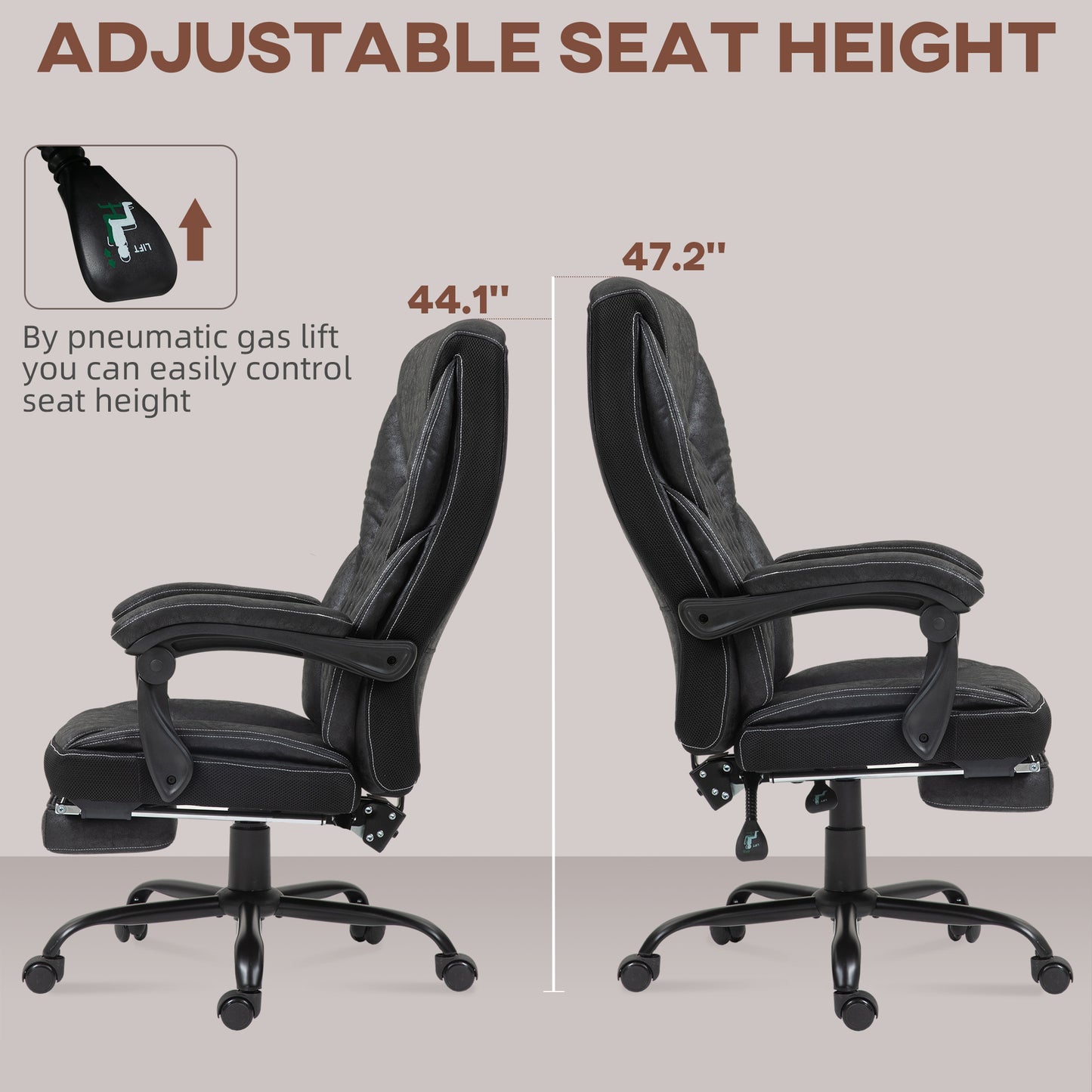 Black ergonomic office chair with adjustable seat height via pneumatic gas lift