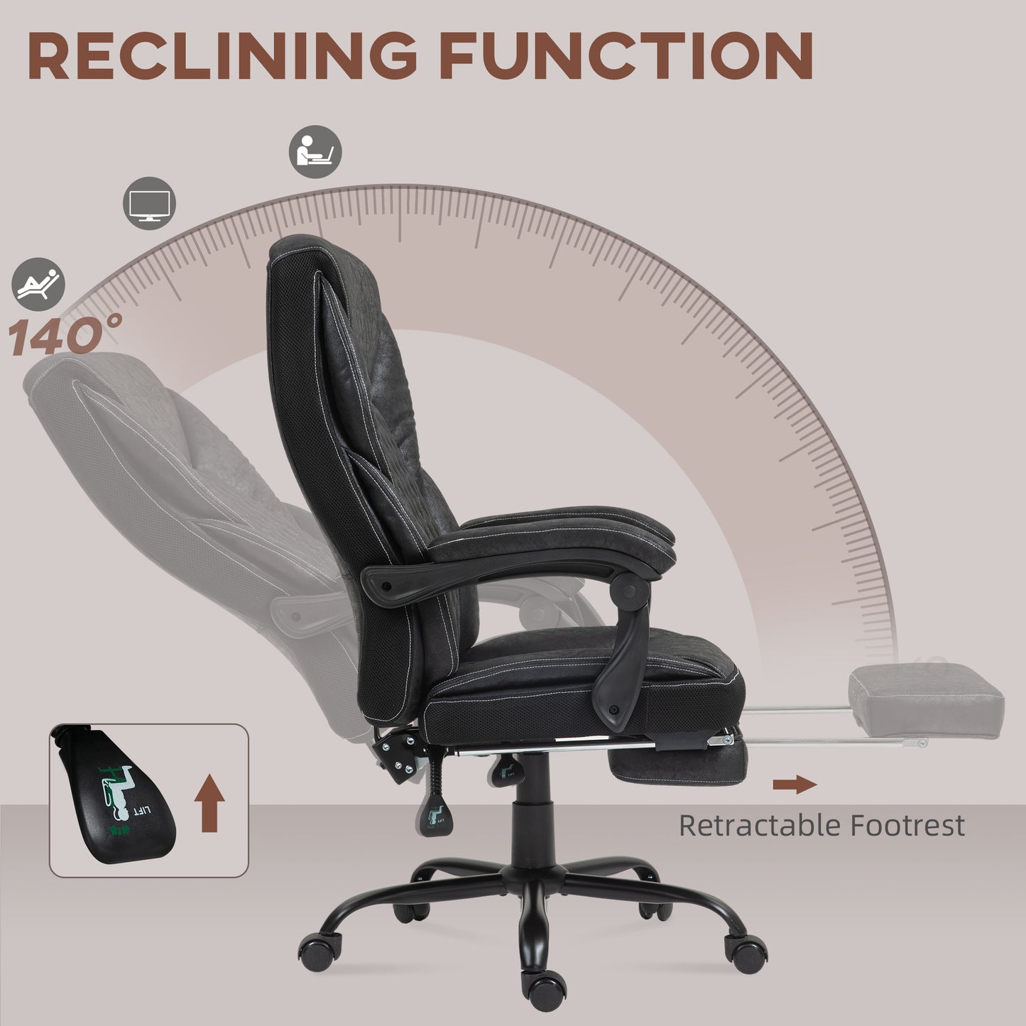 Black executive chair with degree reclining function and retractable footrest