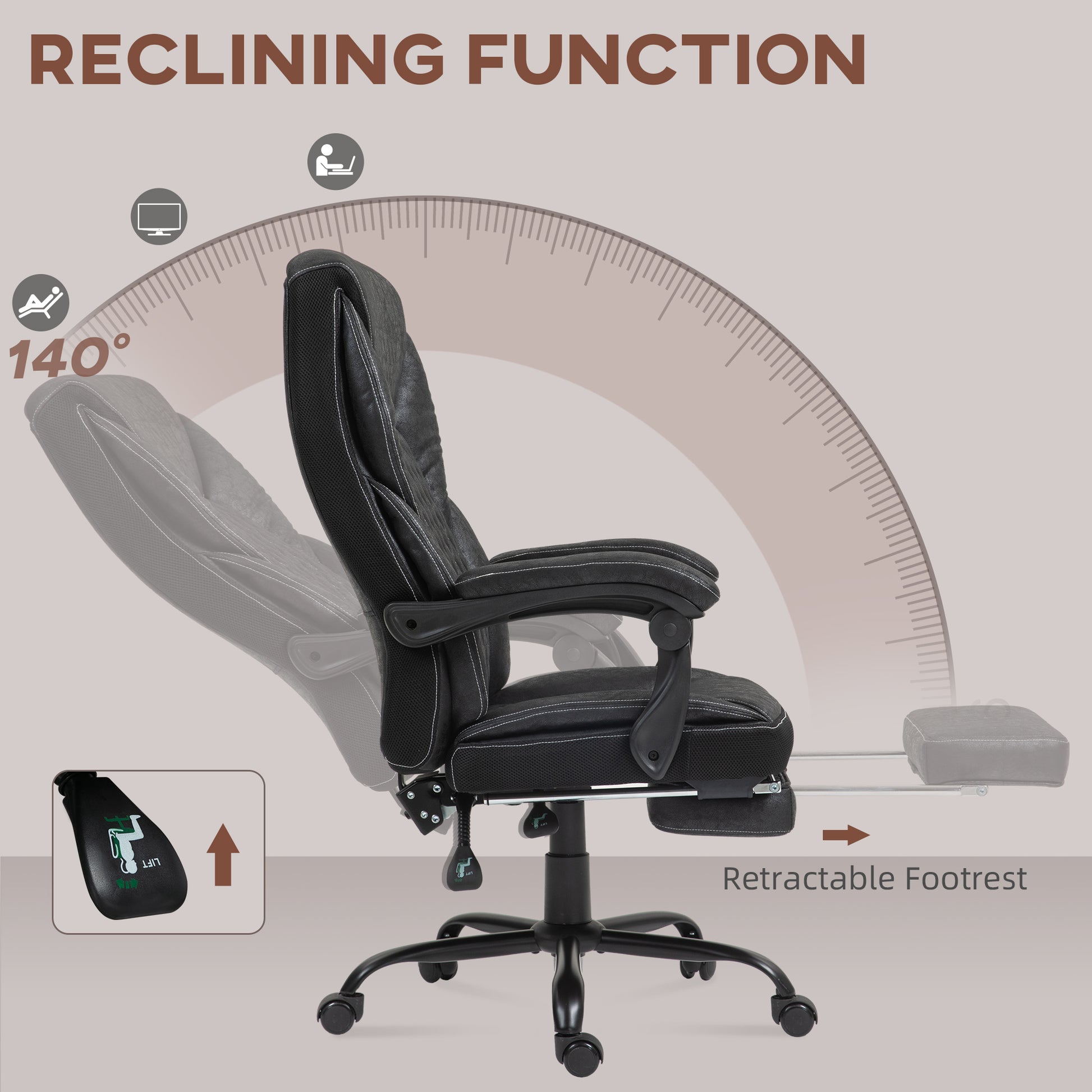 Black executive chair with degree reclining function and retractable footrest