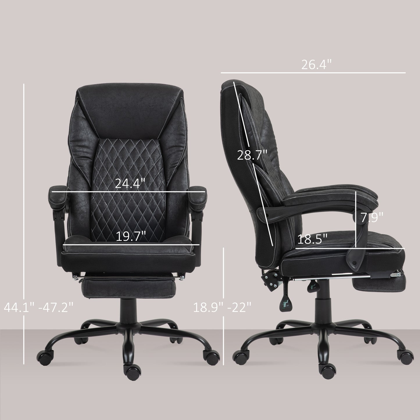 Black faux leather executive chair with diamond stitching and adjustable footrest