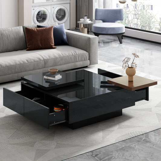 Modern black coffee table with sliding top and storage drawers