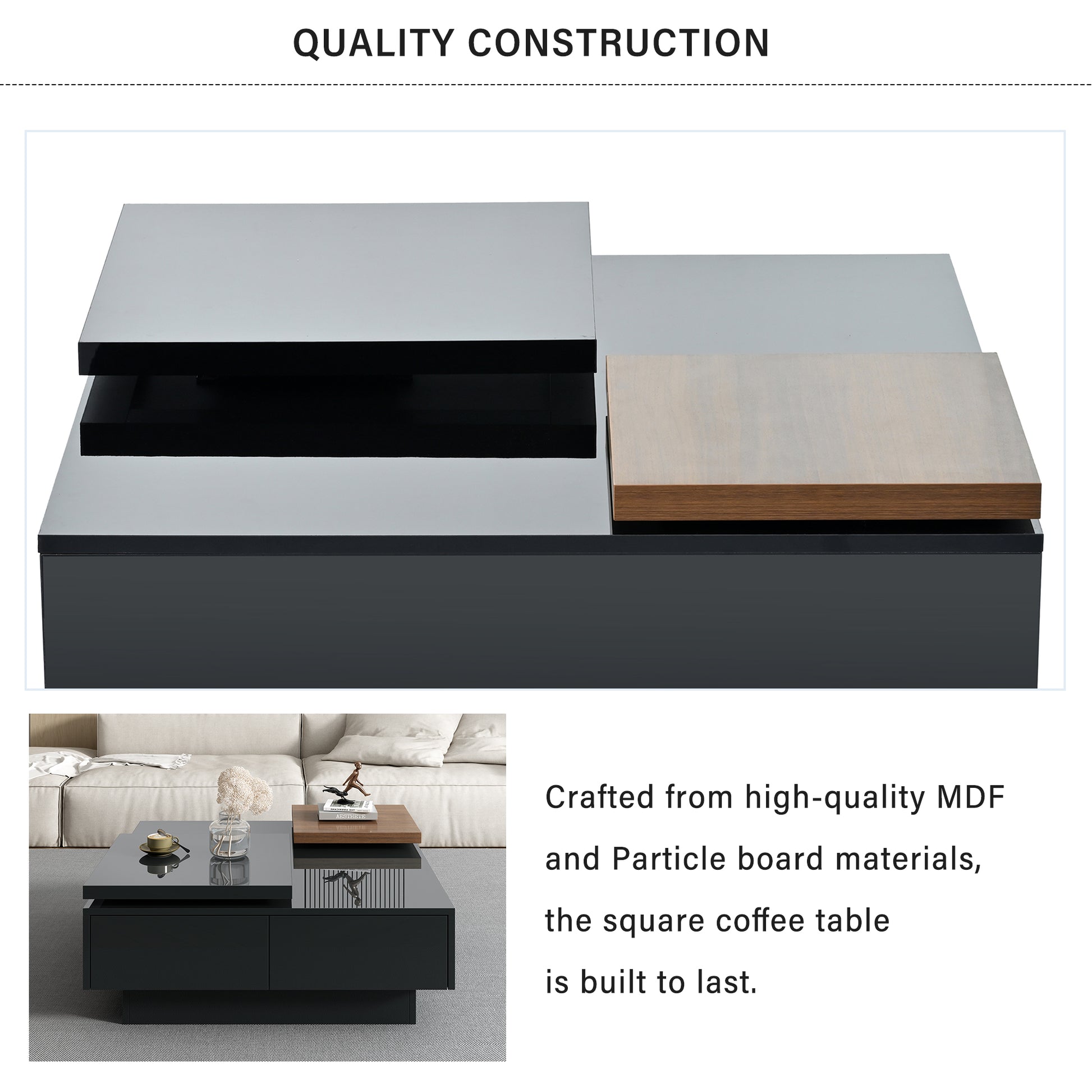 Modern square coffee table with dualtier grey and wood finish top black drawers