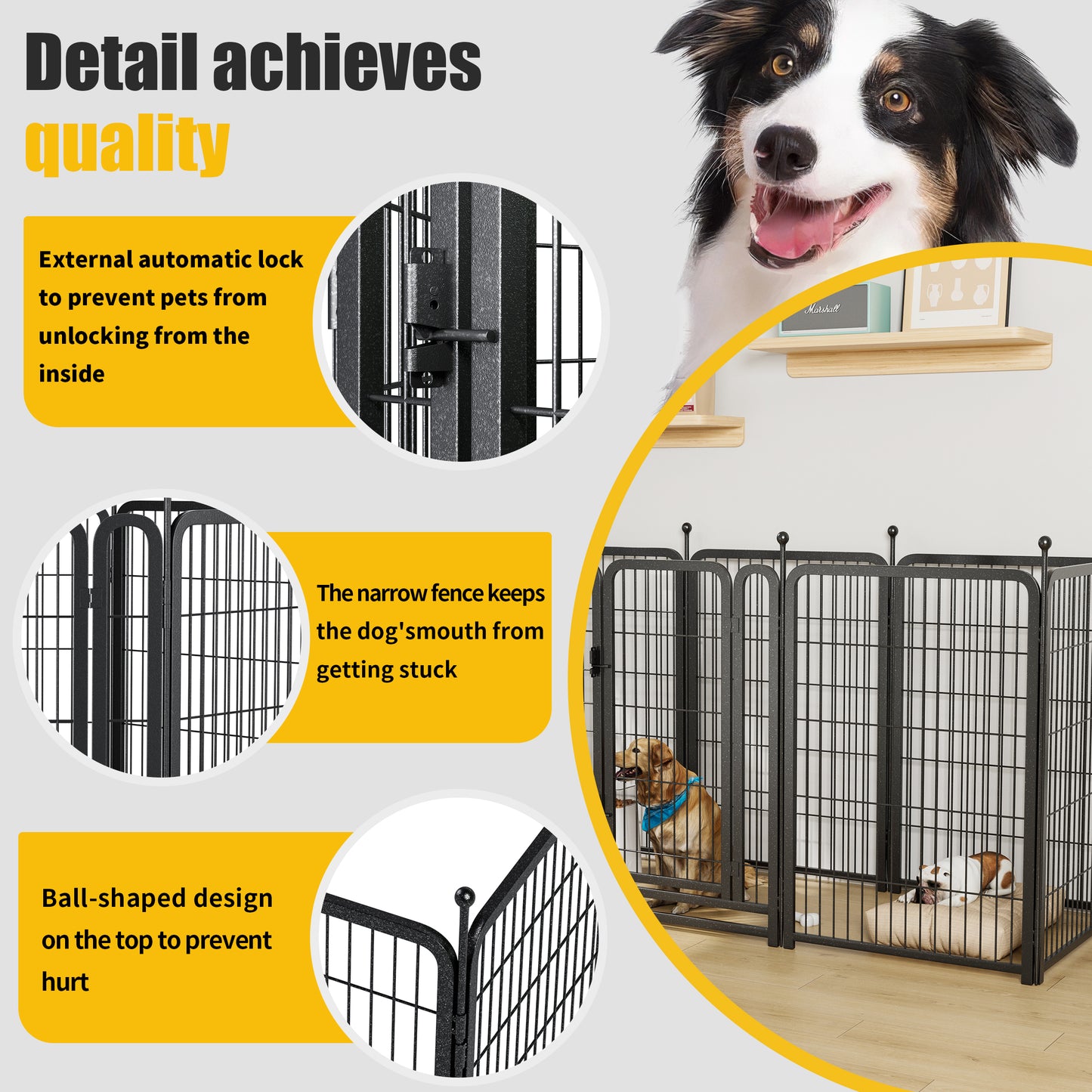 Black metal dog playpen with secure latch for pet safety