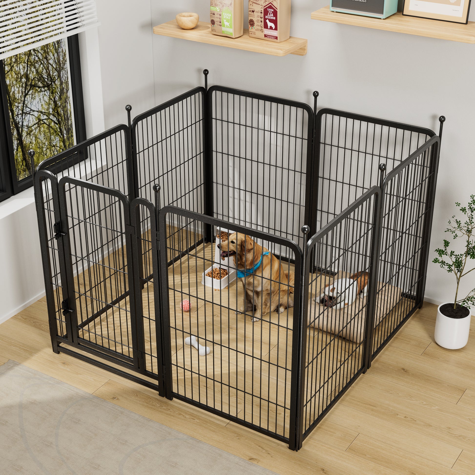 Black metal modular dog playpen with two dogs inside one golden retriever and one bulldog