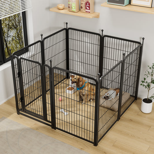 Black metal modular dog playpen with two dogs inside one golden retriever and one bulldog