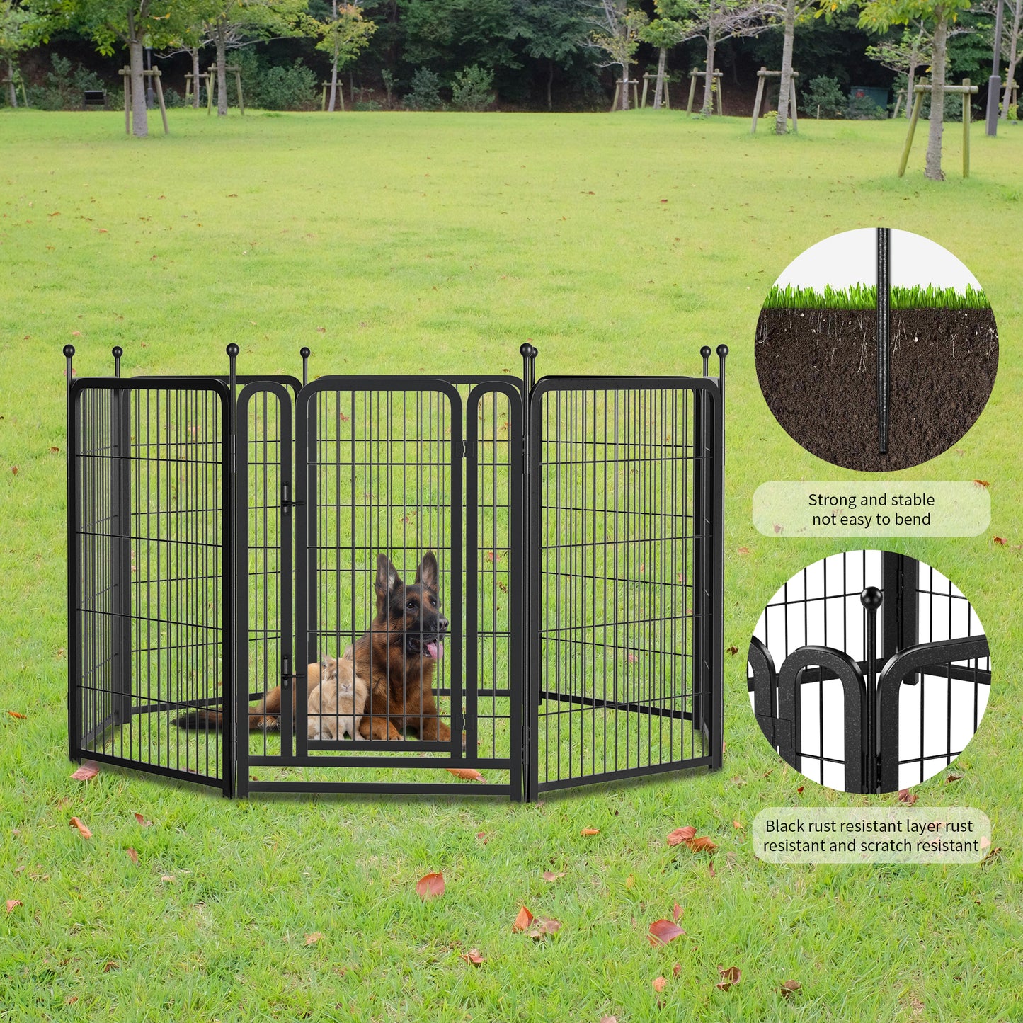 Black metal dog playpen with a German Shepherd and rabbit inside set on a grassy lawn