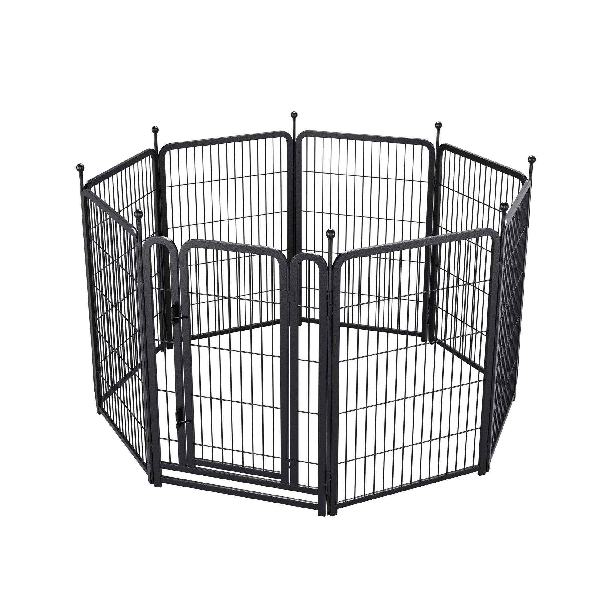 Black metal eightpanel dog playpen with two swinging doors for small pets