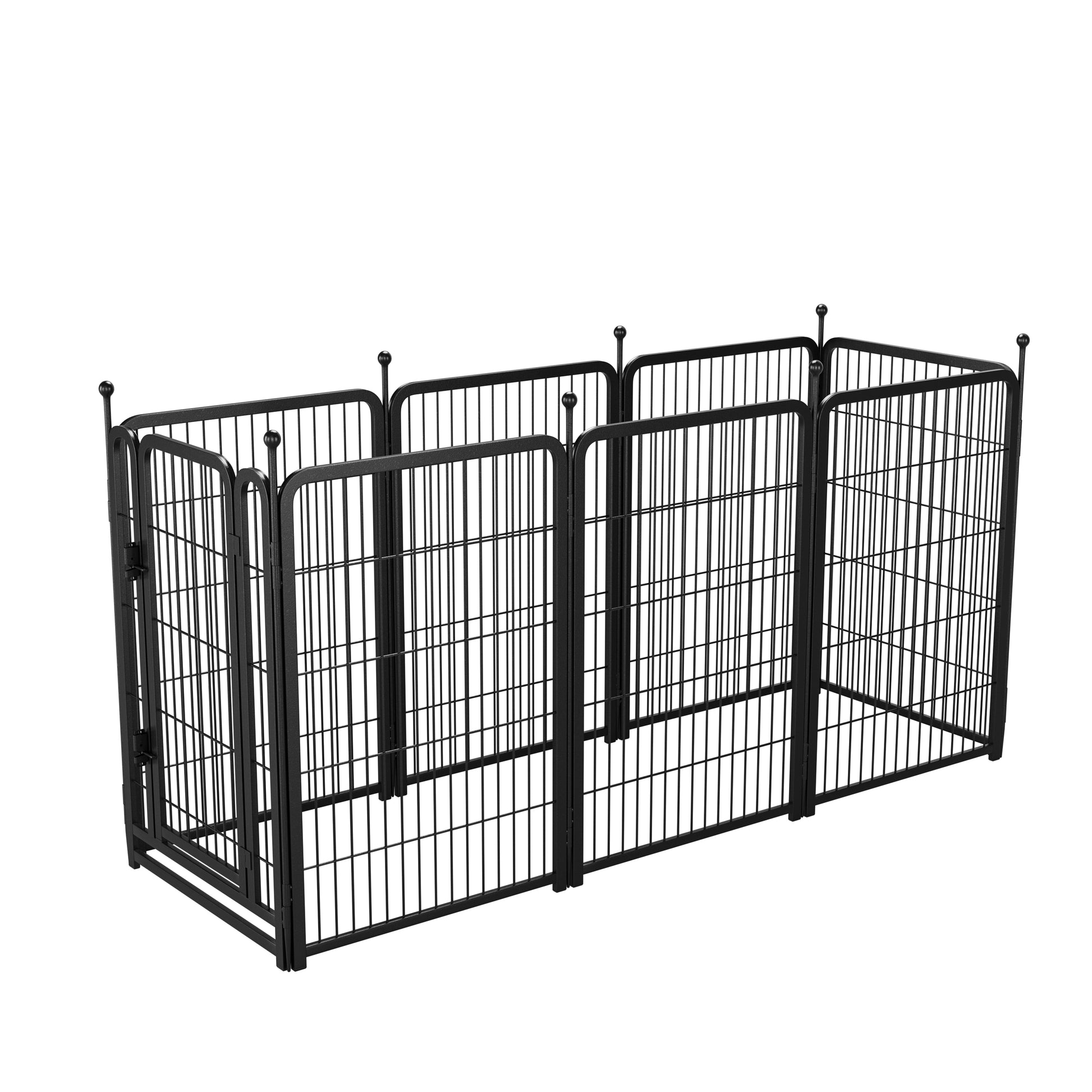 Black metal dog playpen multipanel configuration with latch gate for secure pet containment