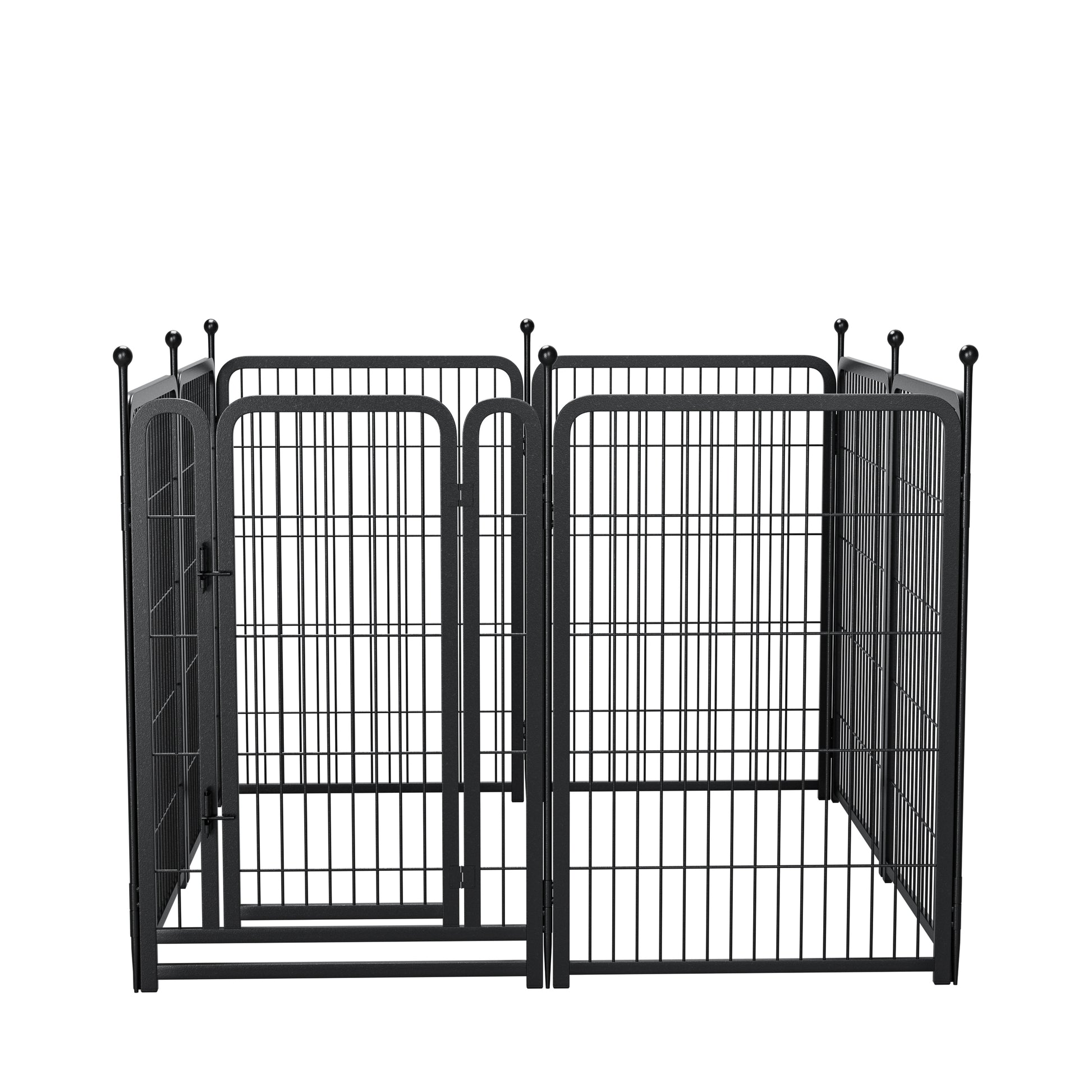 Black metal dog playpen with hinged door and decorative finials  panels