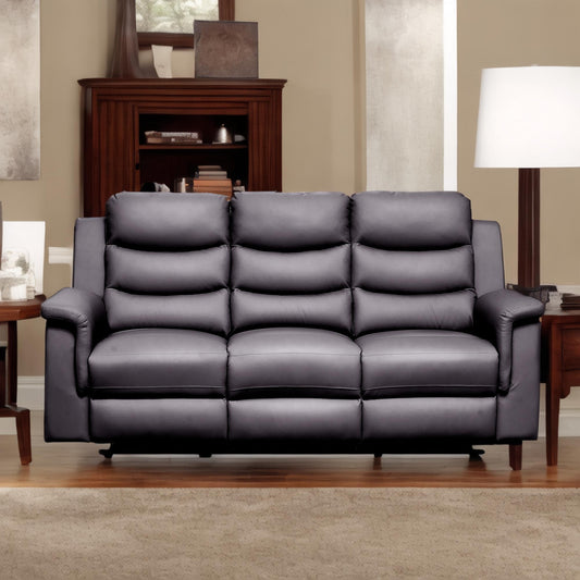 Dark gray leather threeseater recliner sofa with plush cushions perfect for modern living rooms