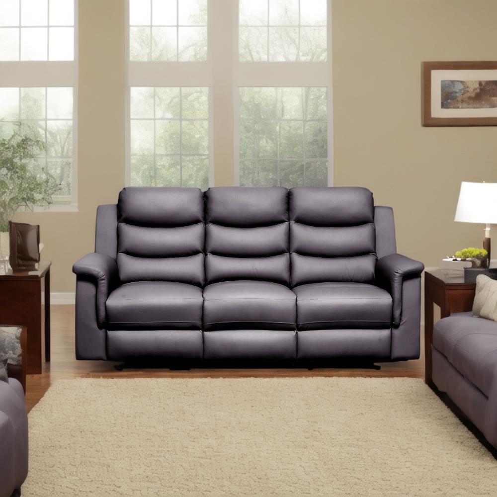 Dark gray leather recliner sofa with plush cushions ideal for living room comfort