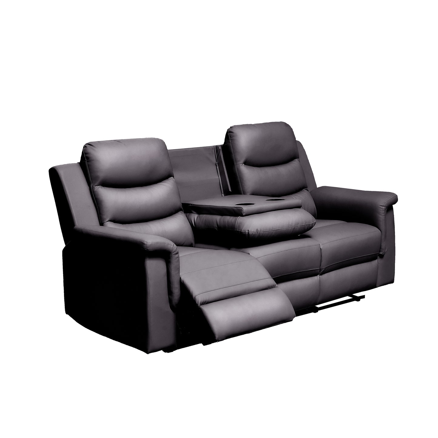 Dark gray leather seater recliner sofa with two cup holders and a console