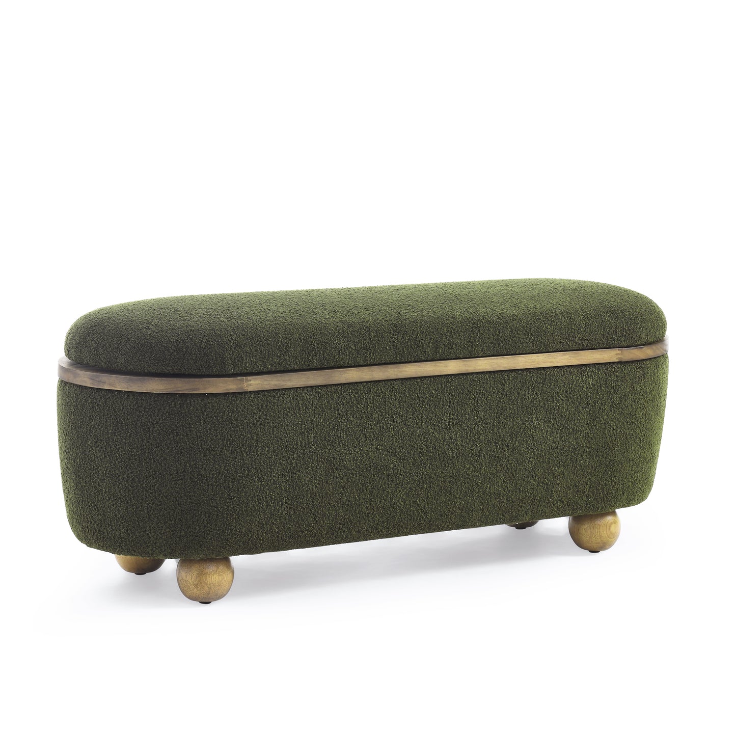 Green textured storage ottoman with brass trim and wooden bun feet