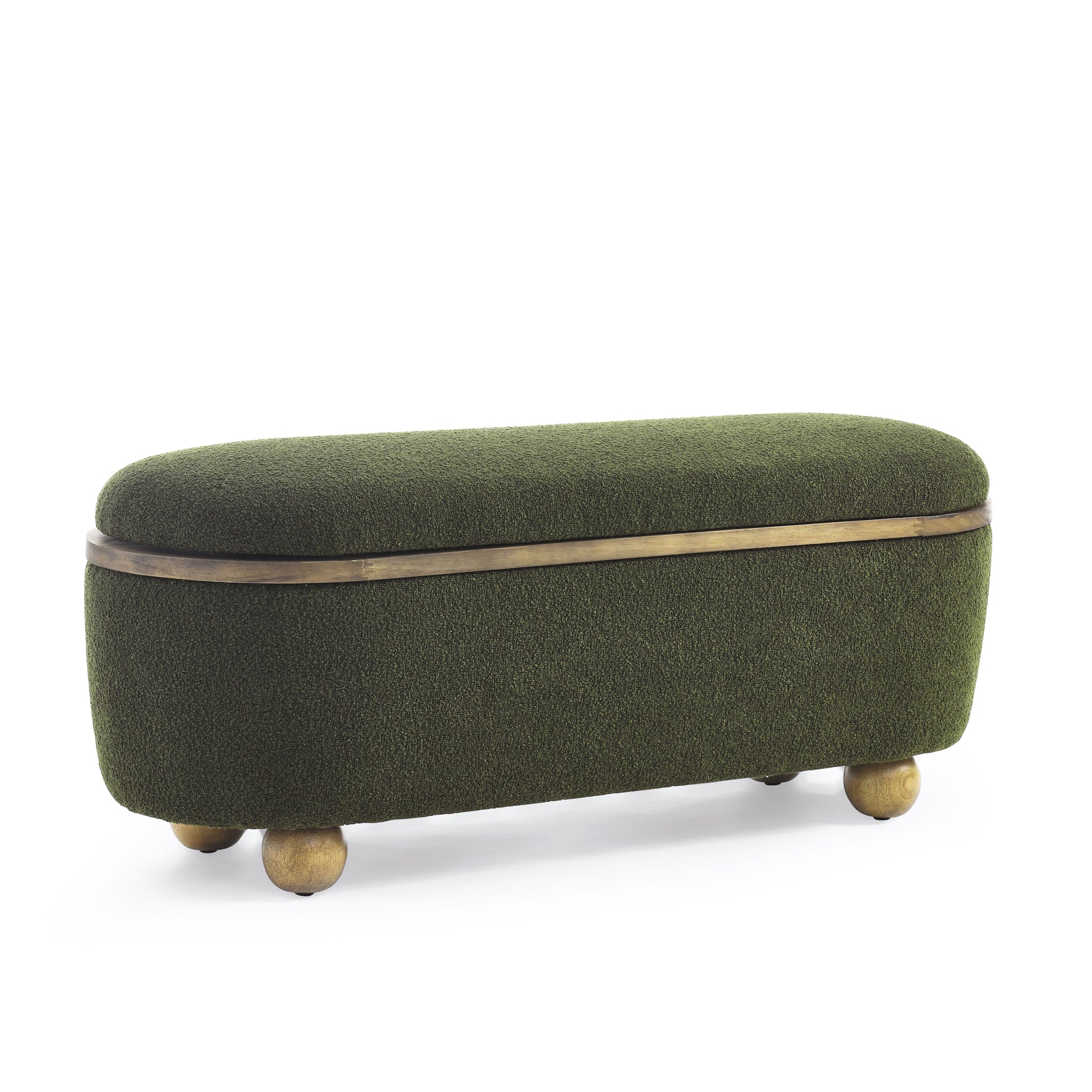 Green textured storage ottoman with brass trim and wooden bun feet