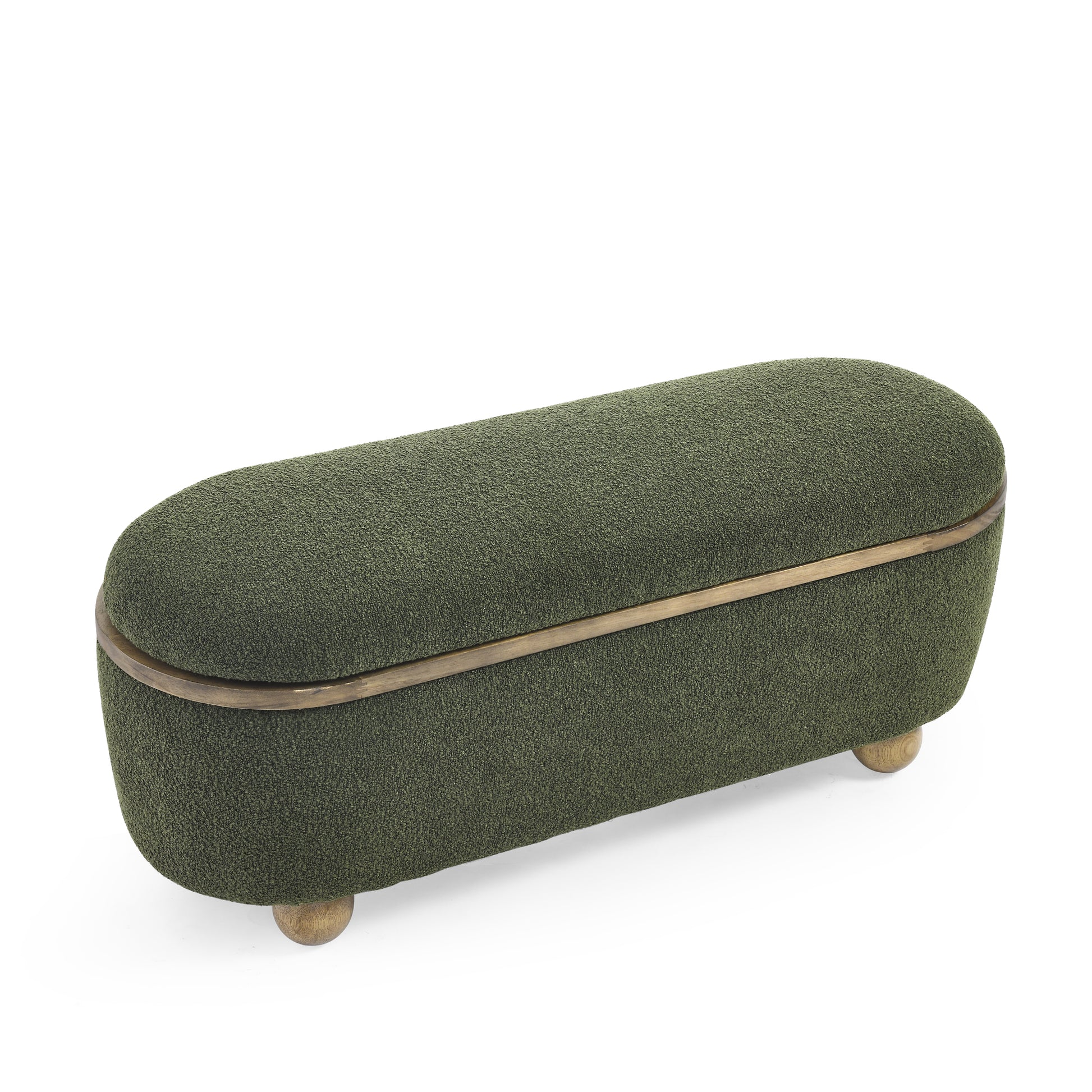 Textured dark green upholstered ottoman bench with gold trim and wooden legs