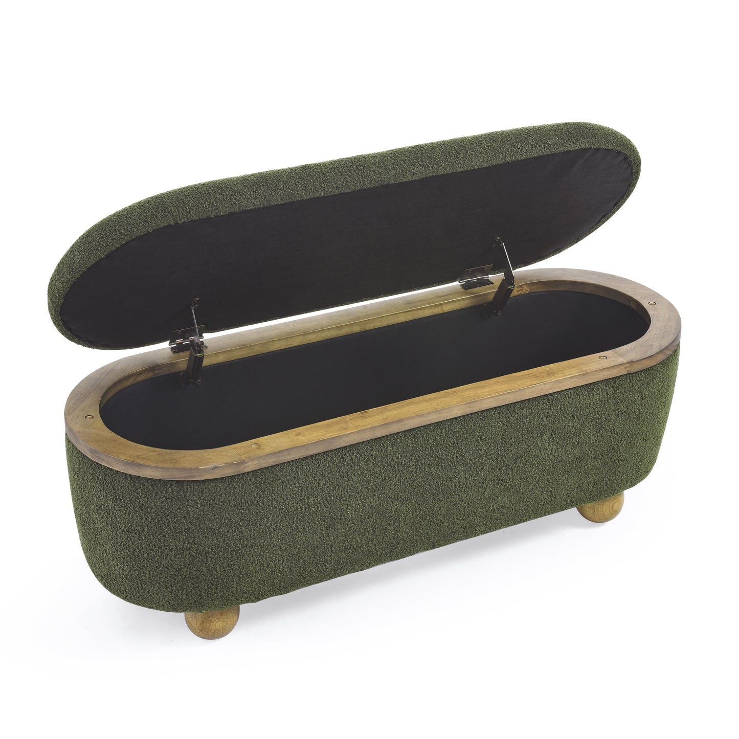 Open green textured storage ottoman with wooden trim and legs