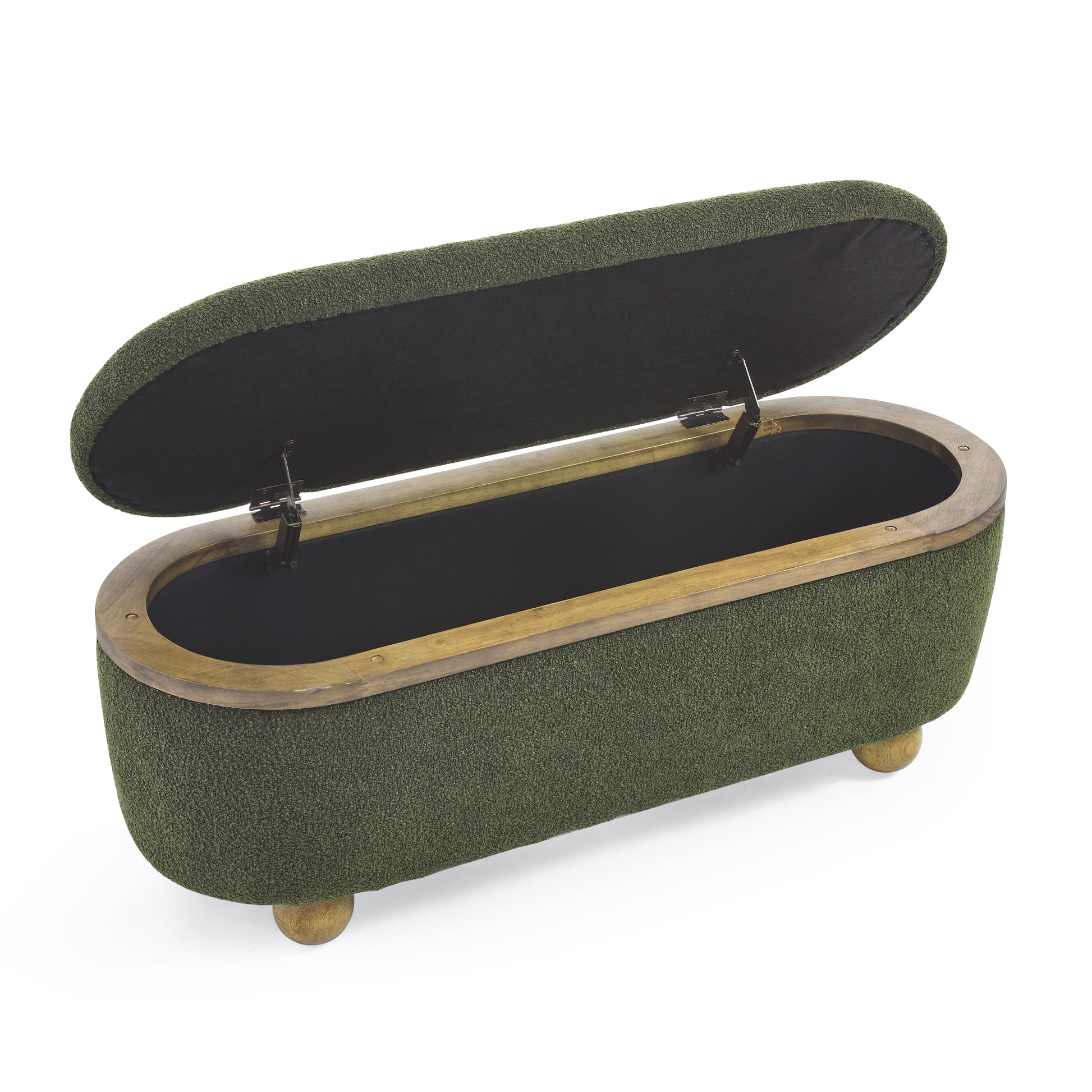 Open green textured storage ottoman with wooden trim and legs