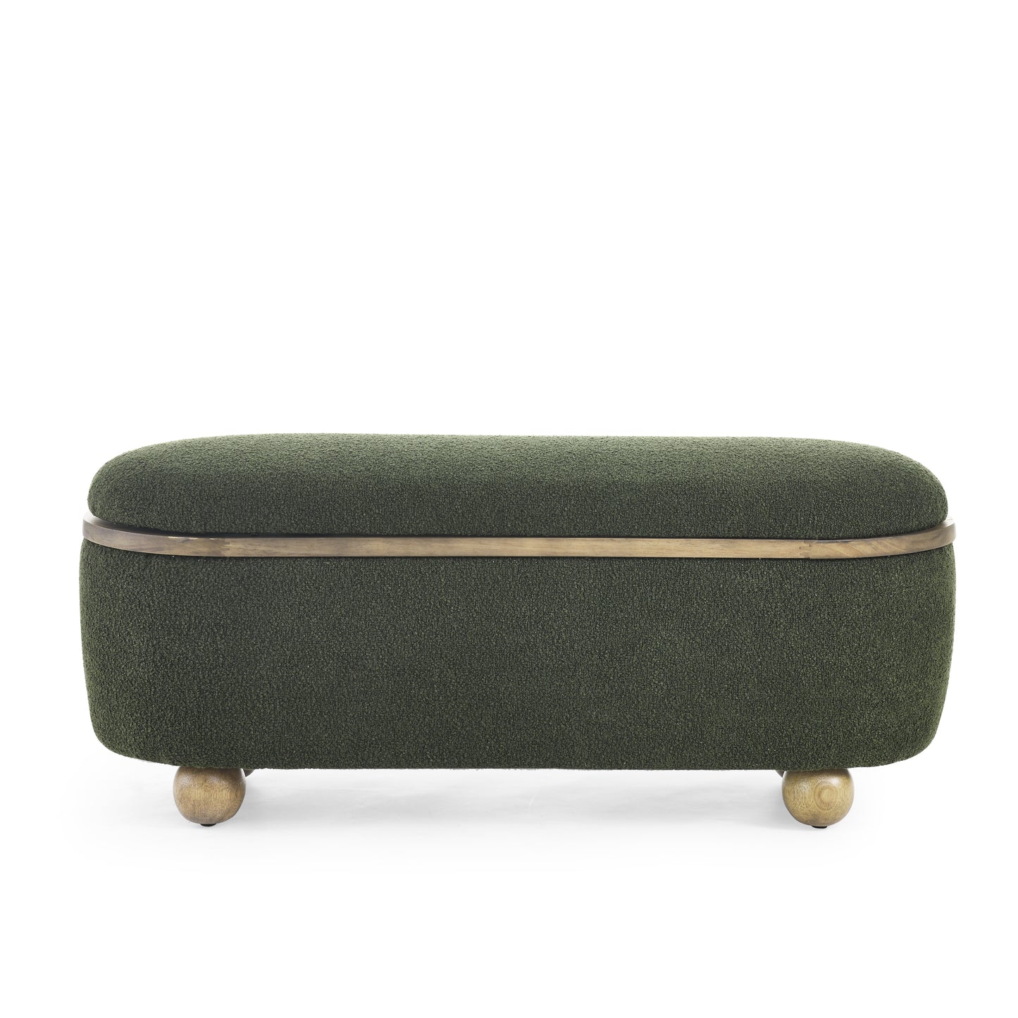 Textured dark green ottoman with brass trim and round wooden legs