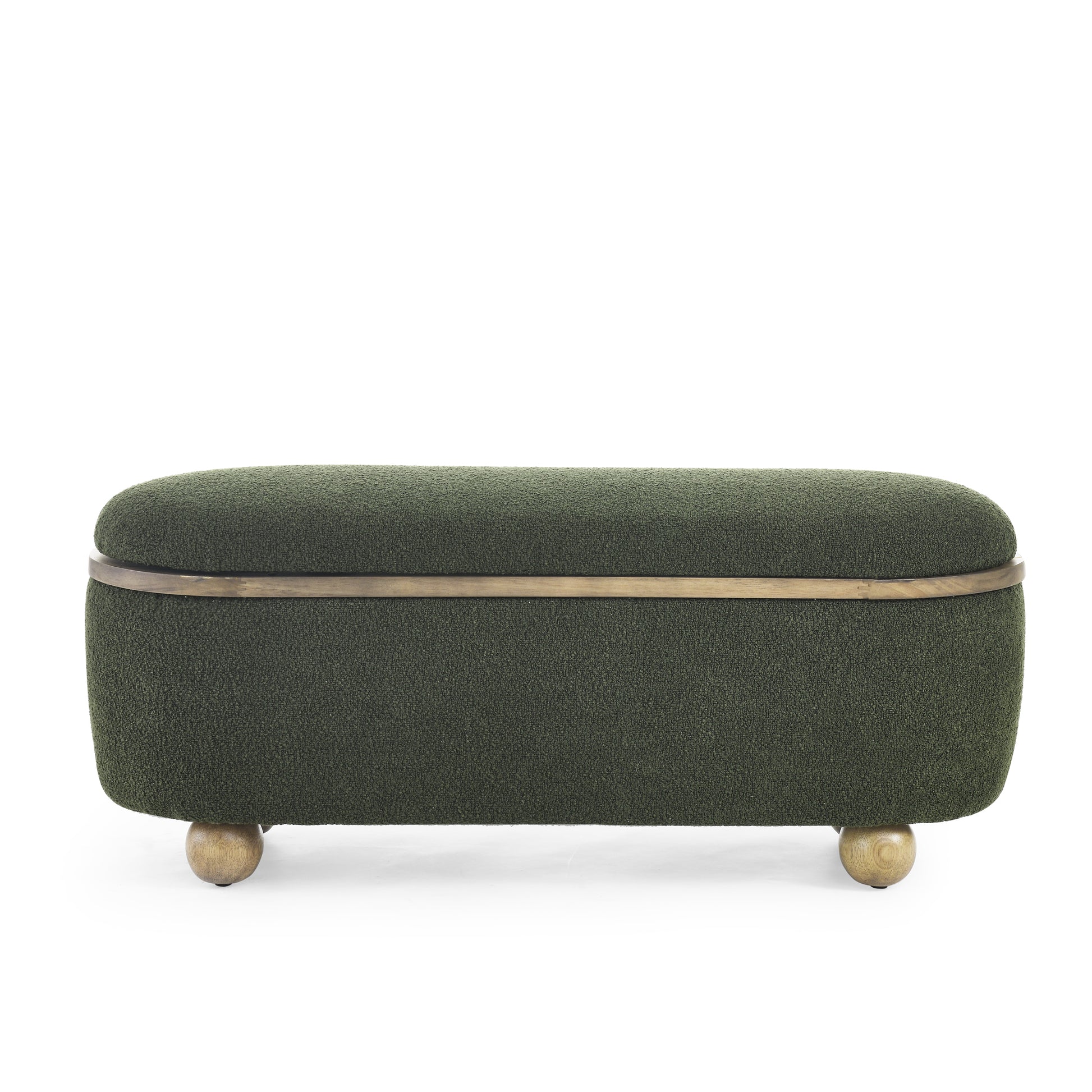 Textured dark green ottoman with brass trim and round wooden legs