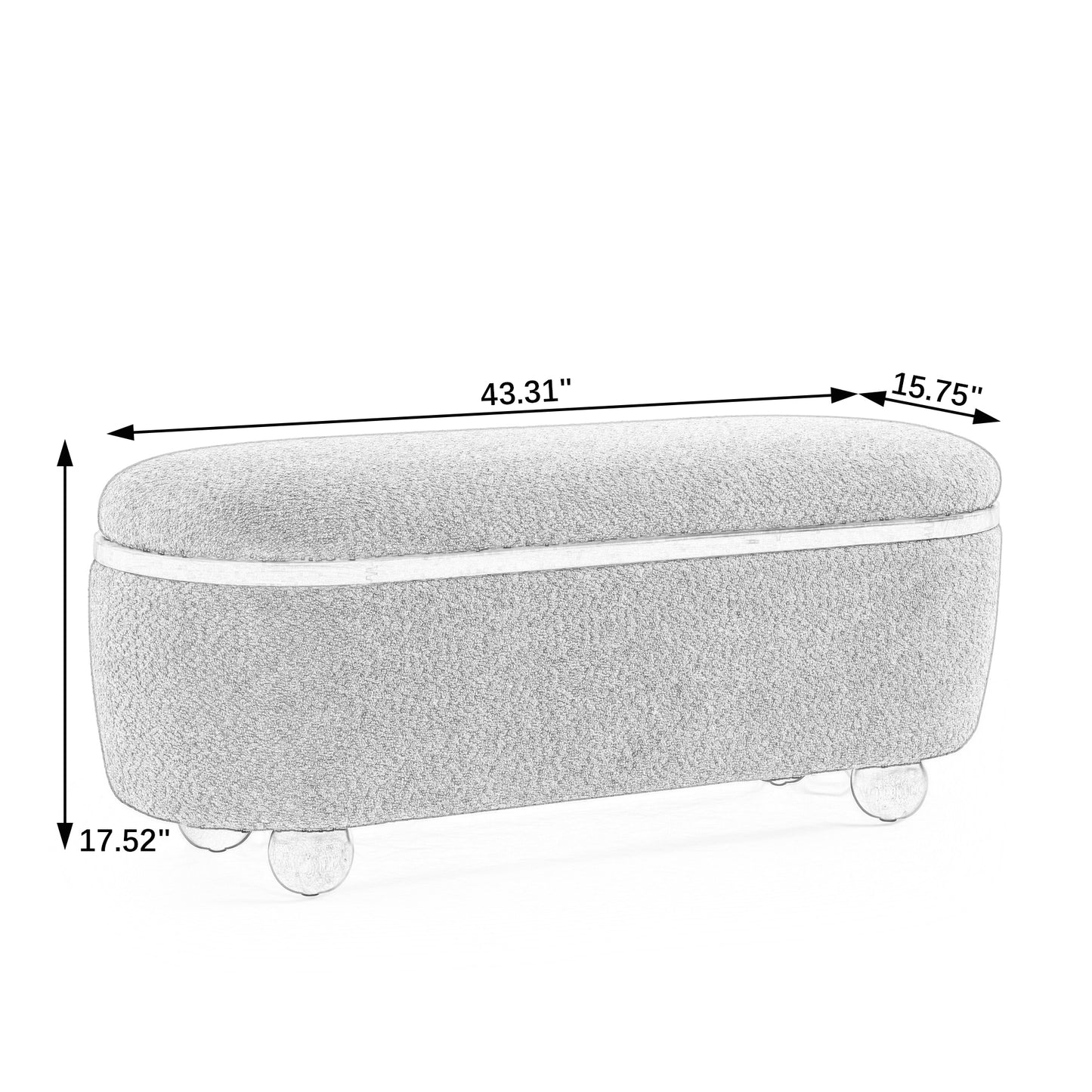 Storage ottoman with light grey textured fabric tufted lid and clear spherical legs