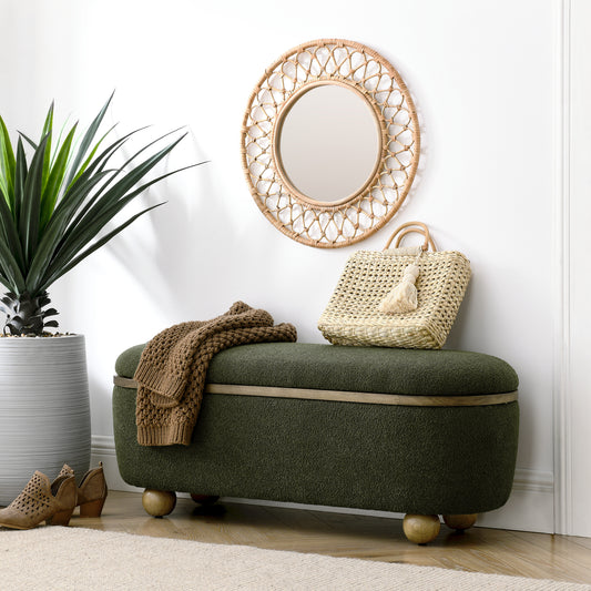 Dark green textured storage bench with wooden legs and woven tote bag