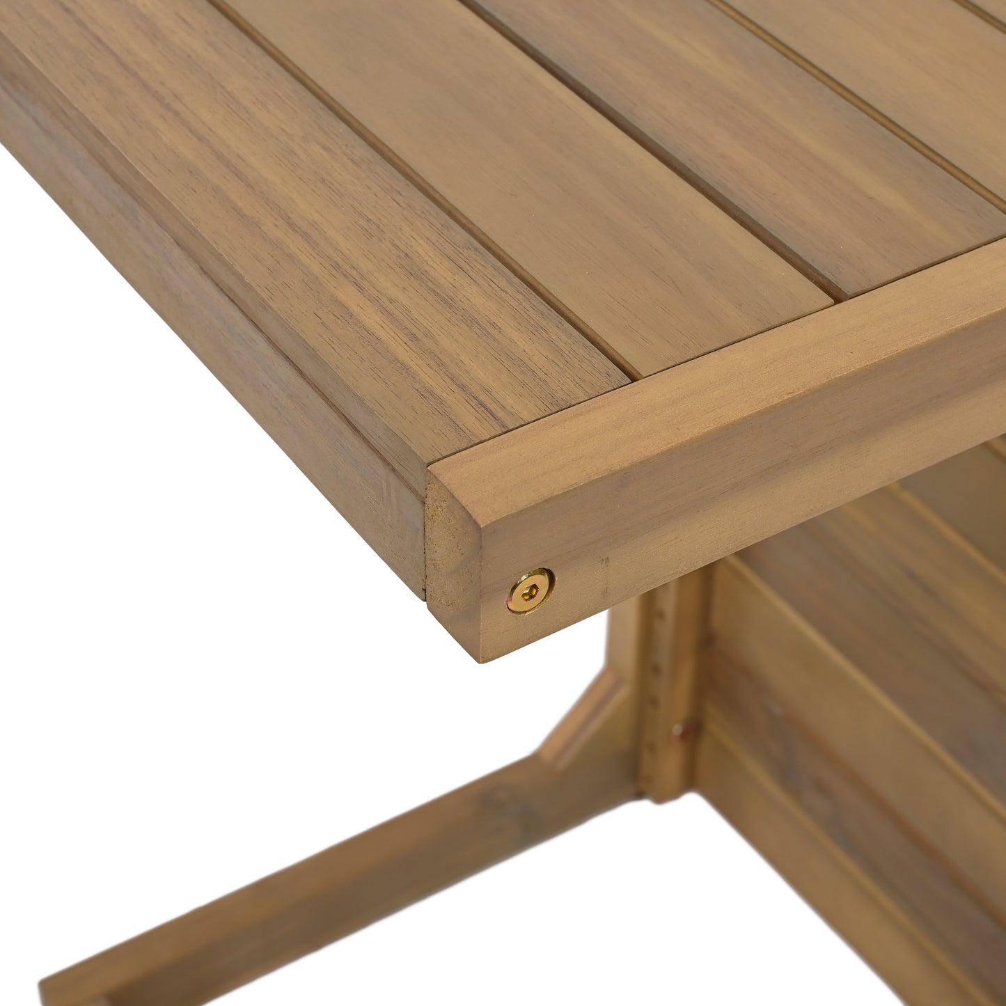 Closeup of a wooden table with visible grain texture and metal screw detail