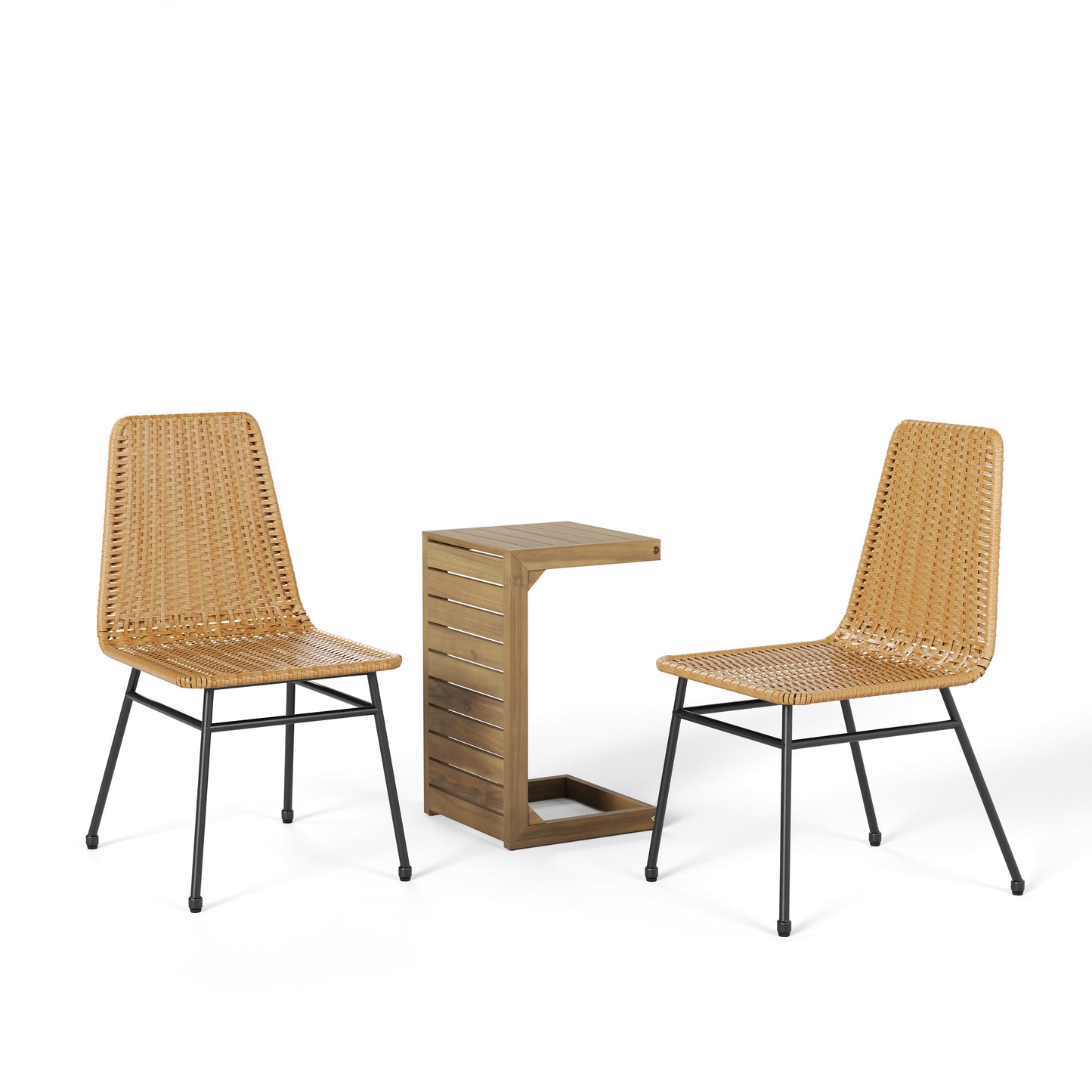 Woven rattan chairs and slatted wood accent table set for patio relaxation