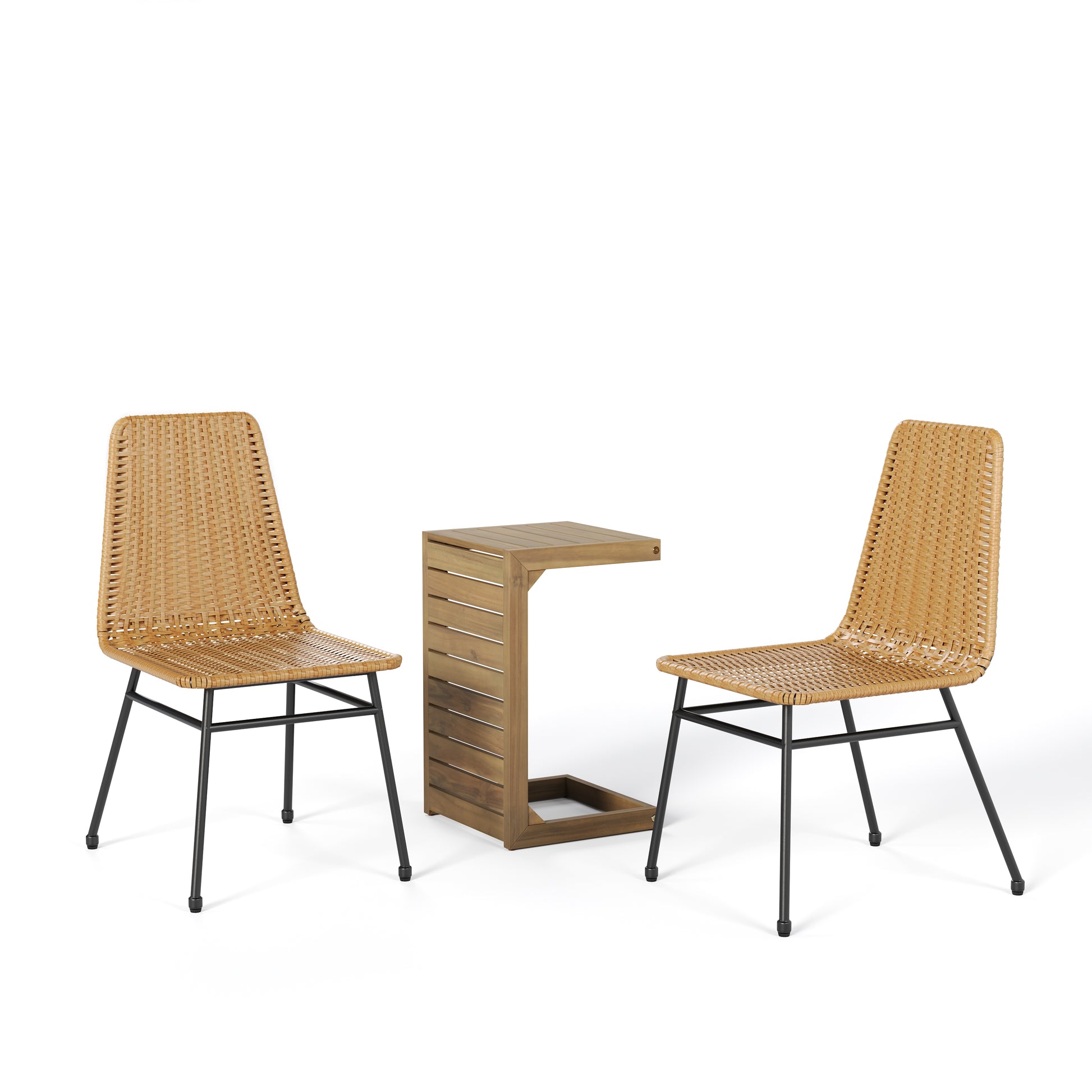 Woven rattan chairs and slatted wood accent table set for patio relaxation