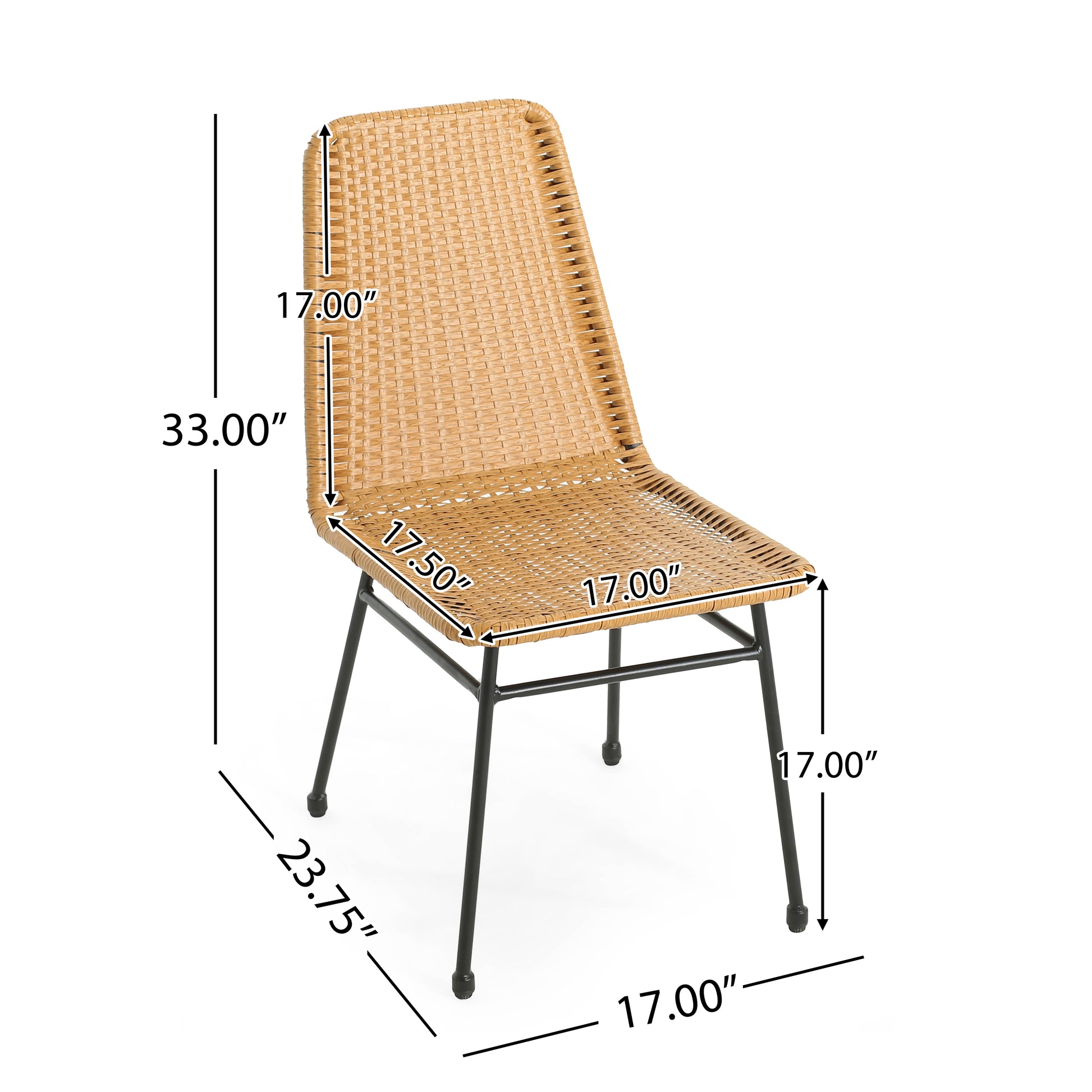 Woven tan wicker chair with black metal legs perfect for patio seating