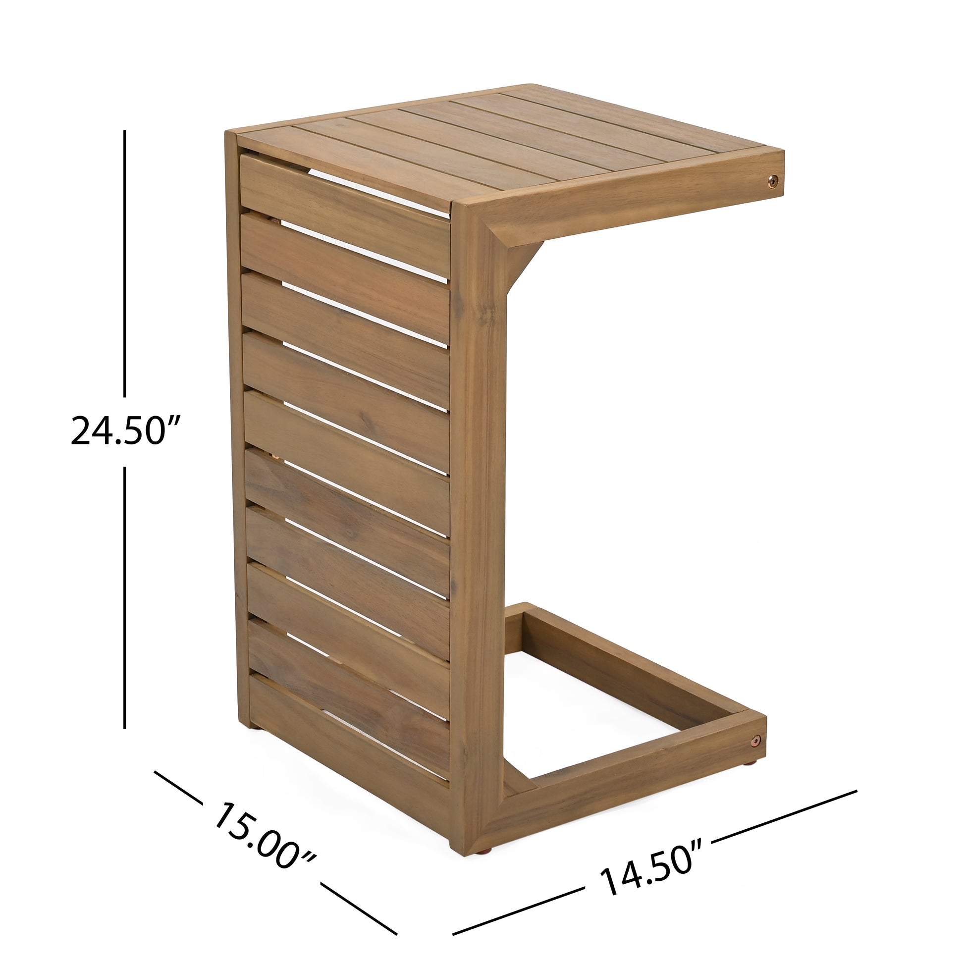 Slatted acacia wood ctable with natural finish perfect for patio use