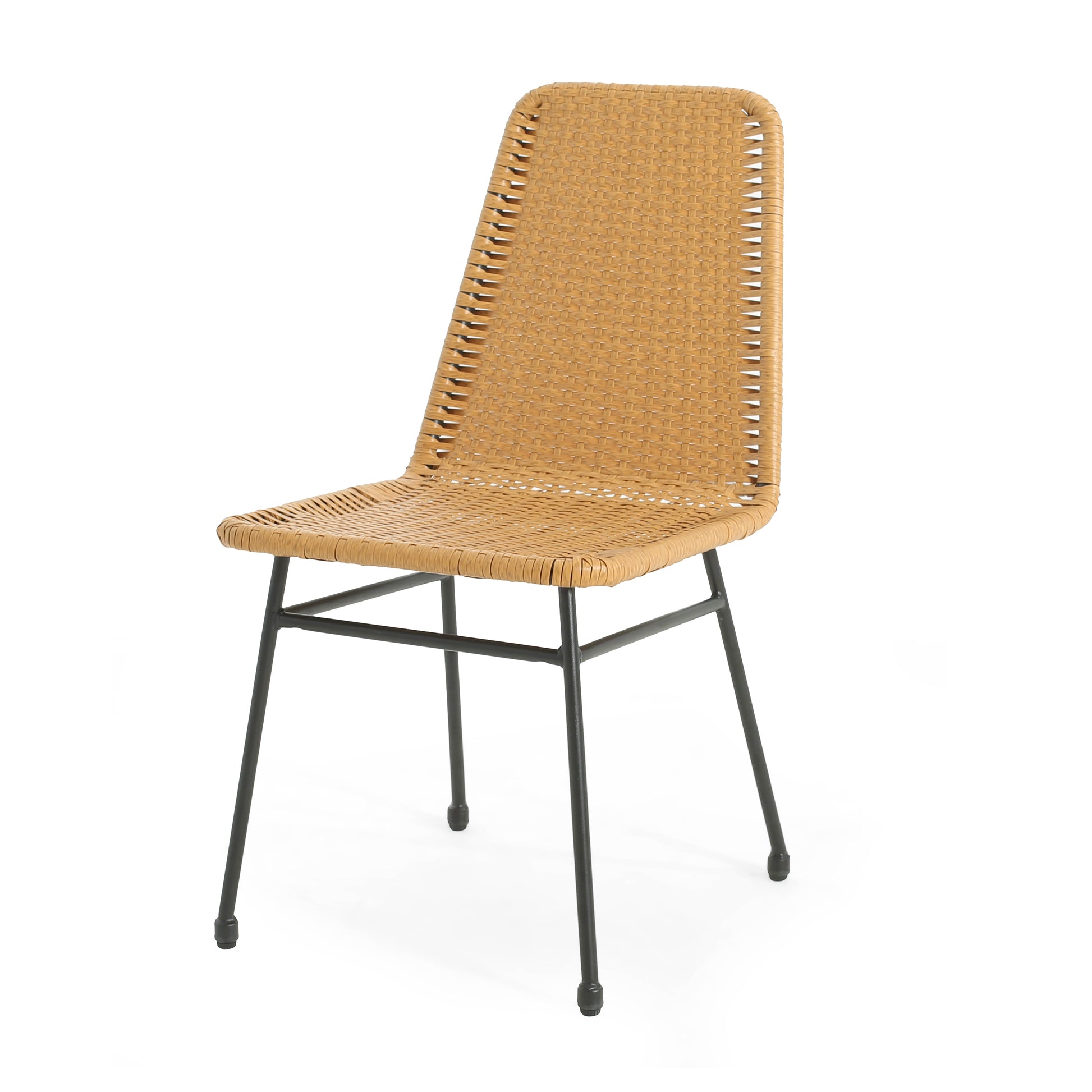 Tan wicker dining chair with black metal legs minimalist design