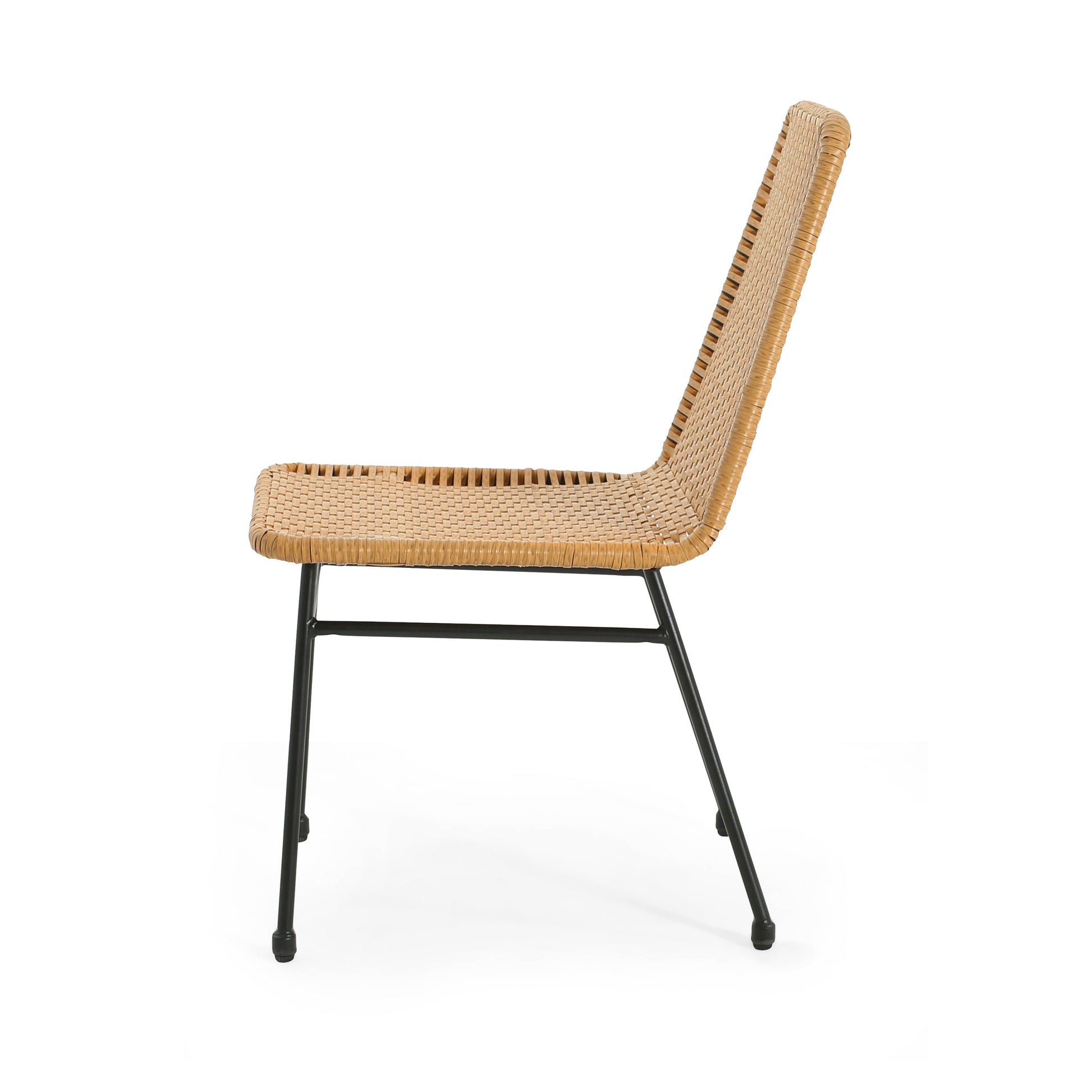 Tan rattan dining chair with black metal legs