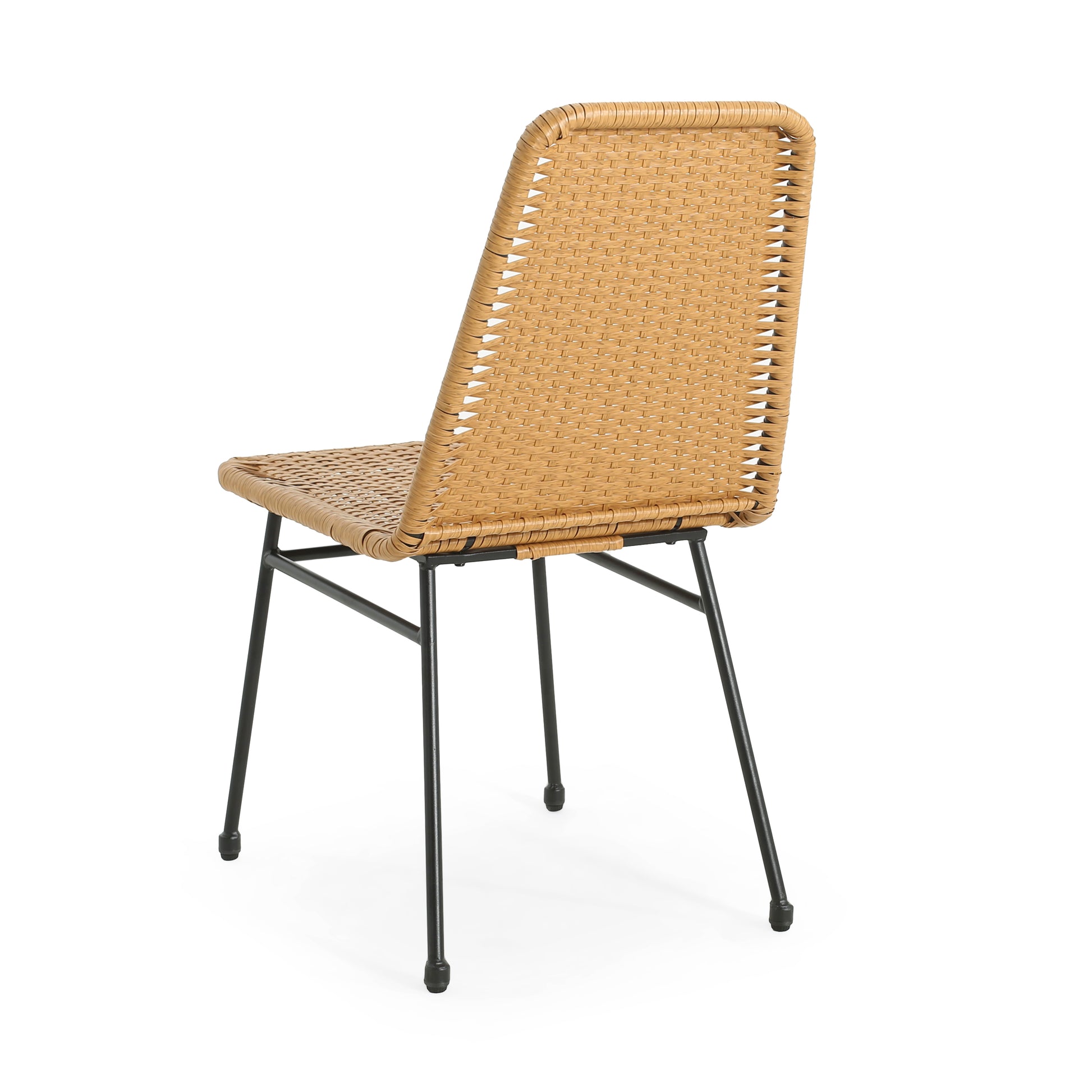 Tan woven rattan dining chair with black metal legs