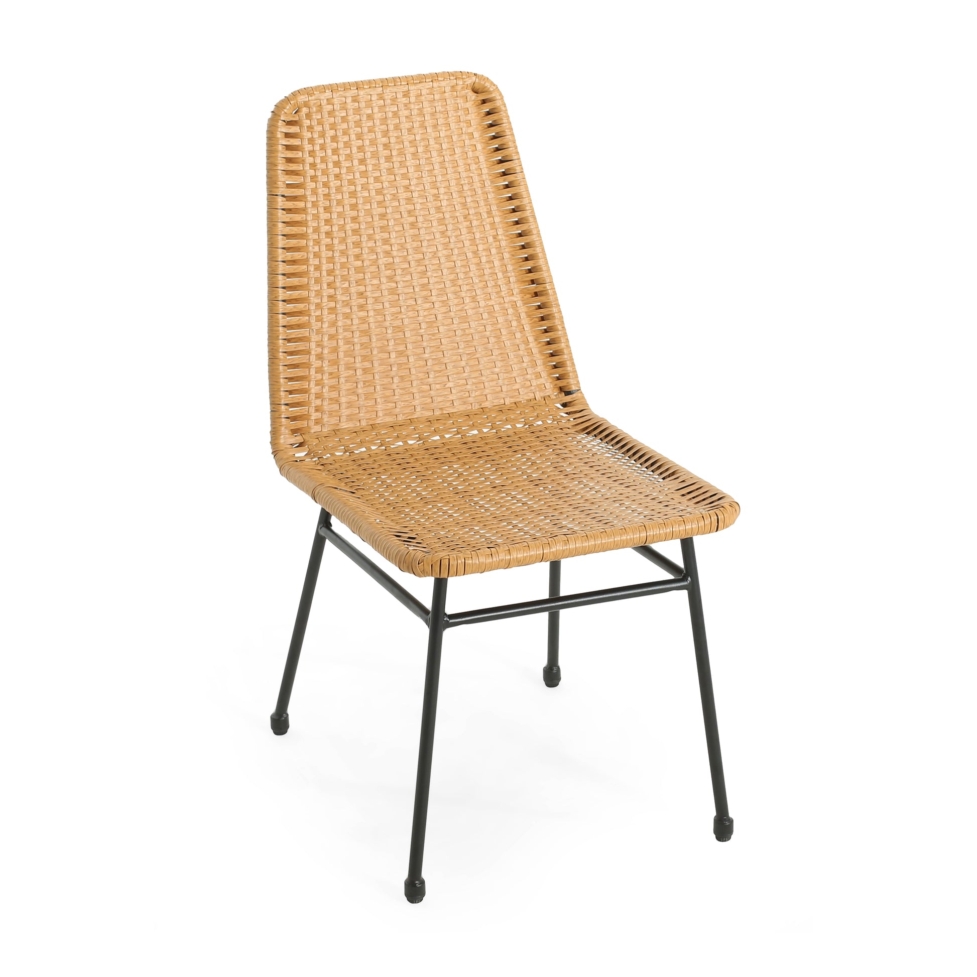 Woven rattan dining chair with black metal legs perfect for patio use