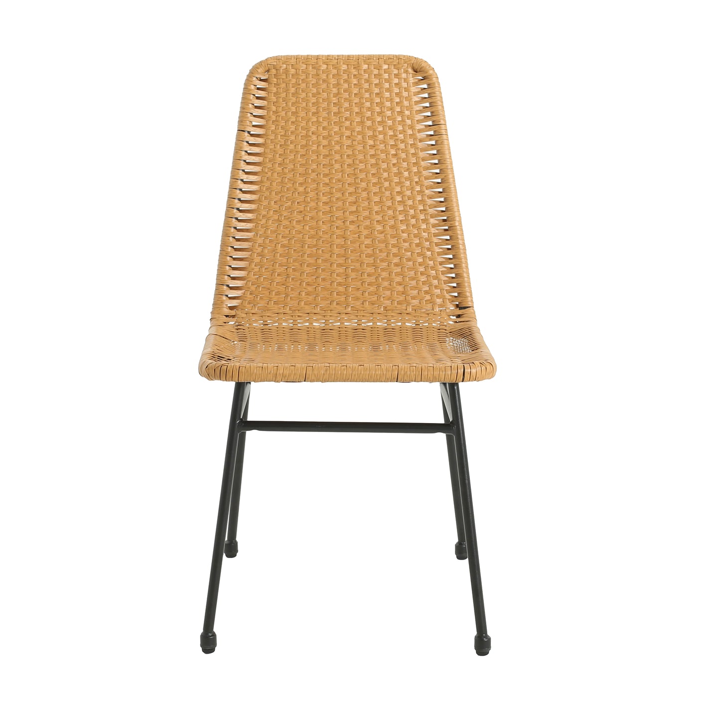 Brown rattan dining chair with black metal legs