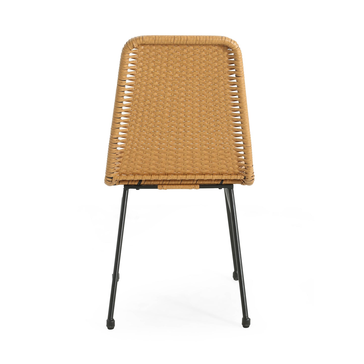 Brown woven outdoor chair with black metal legs
