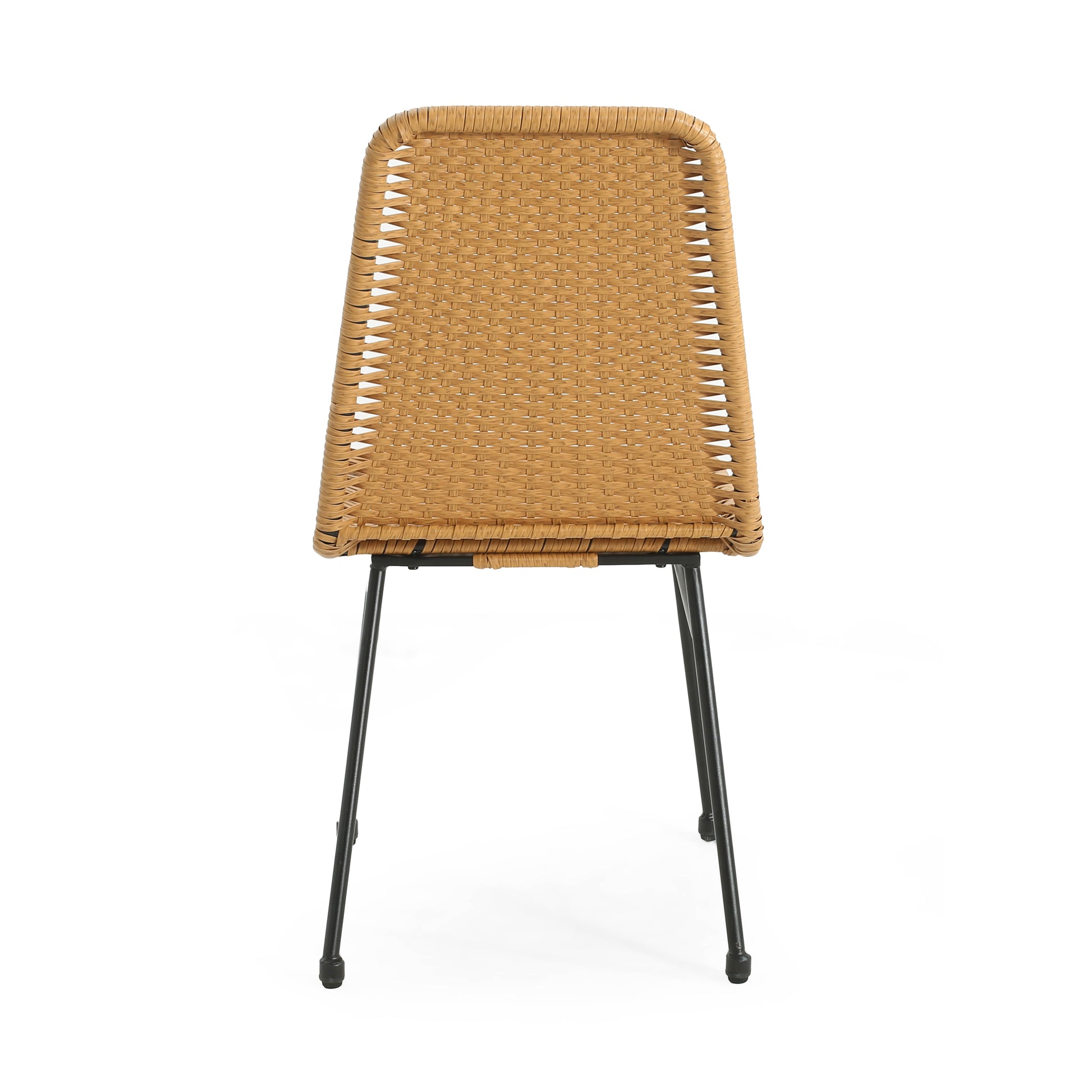Brown woven outdoor chair with black metal legs