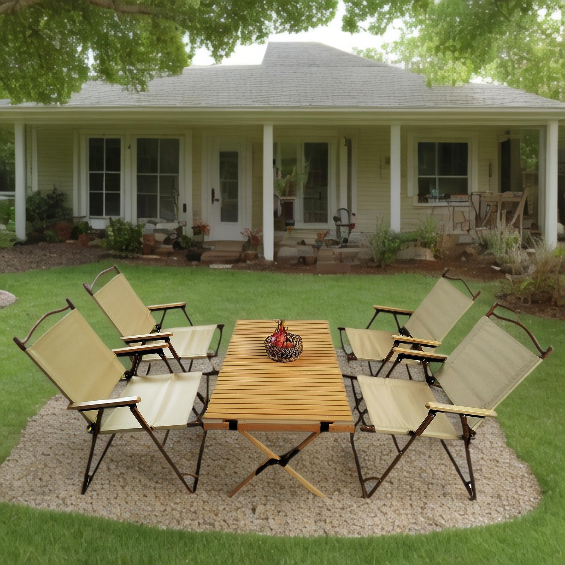 Canvas camping chairs with wooden armrests and folding metal frames surround a slatted wood picnic table