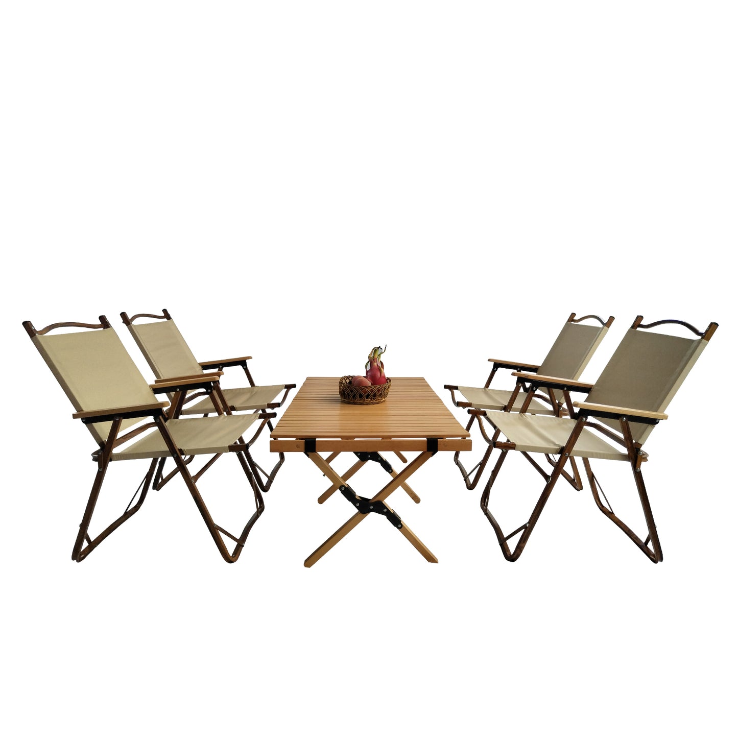 Light beige canvas camping chairs with wooden frames arranged around a slatted wooden camping table
