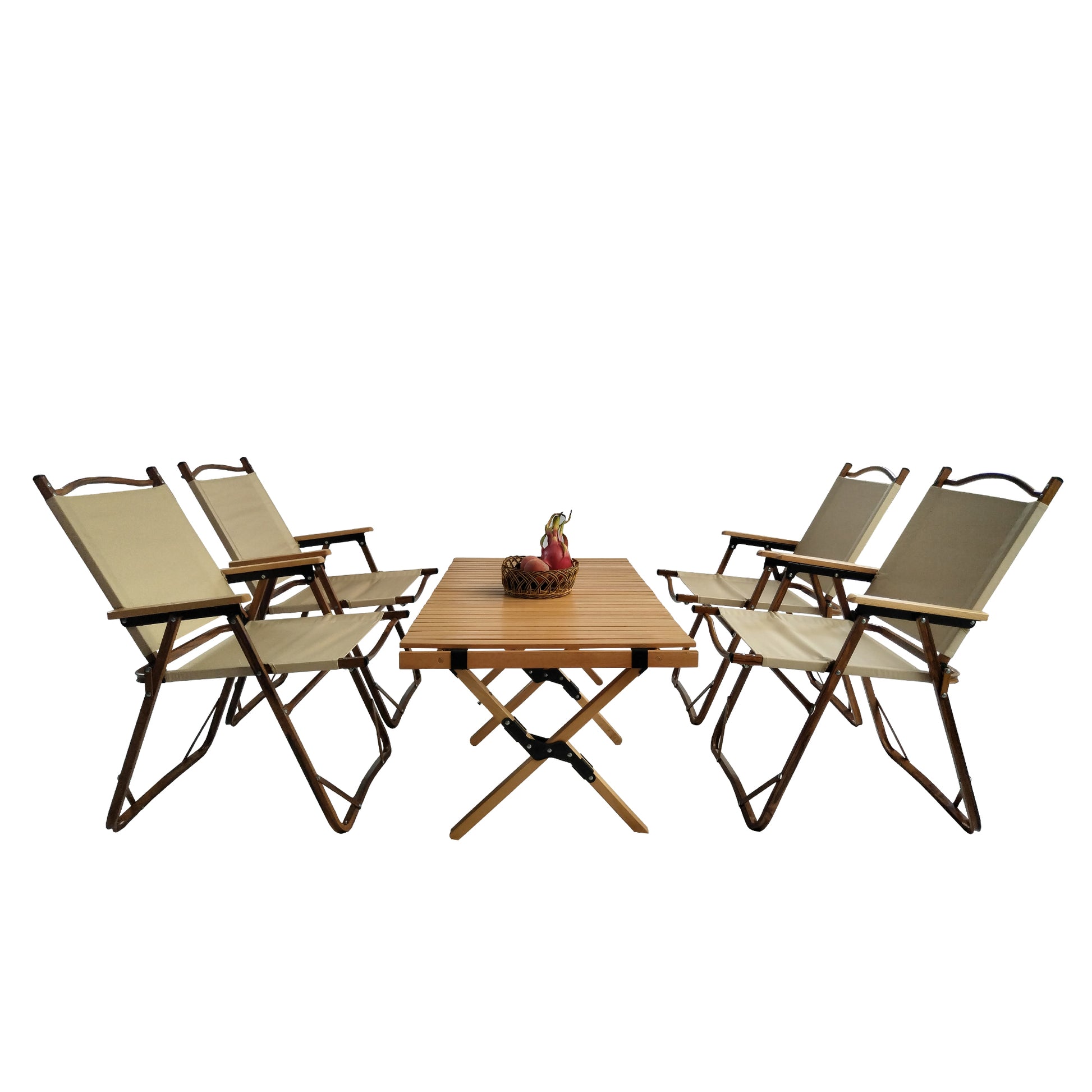 Light beige canvas camping chairs with wooden frames arranged around a slatted wooden camping table