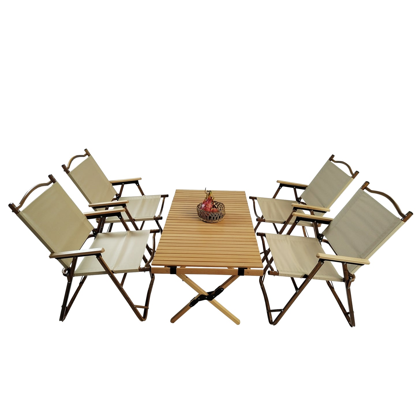 Portable camping table and chairs set with tan fabric and wooden accents
