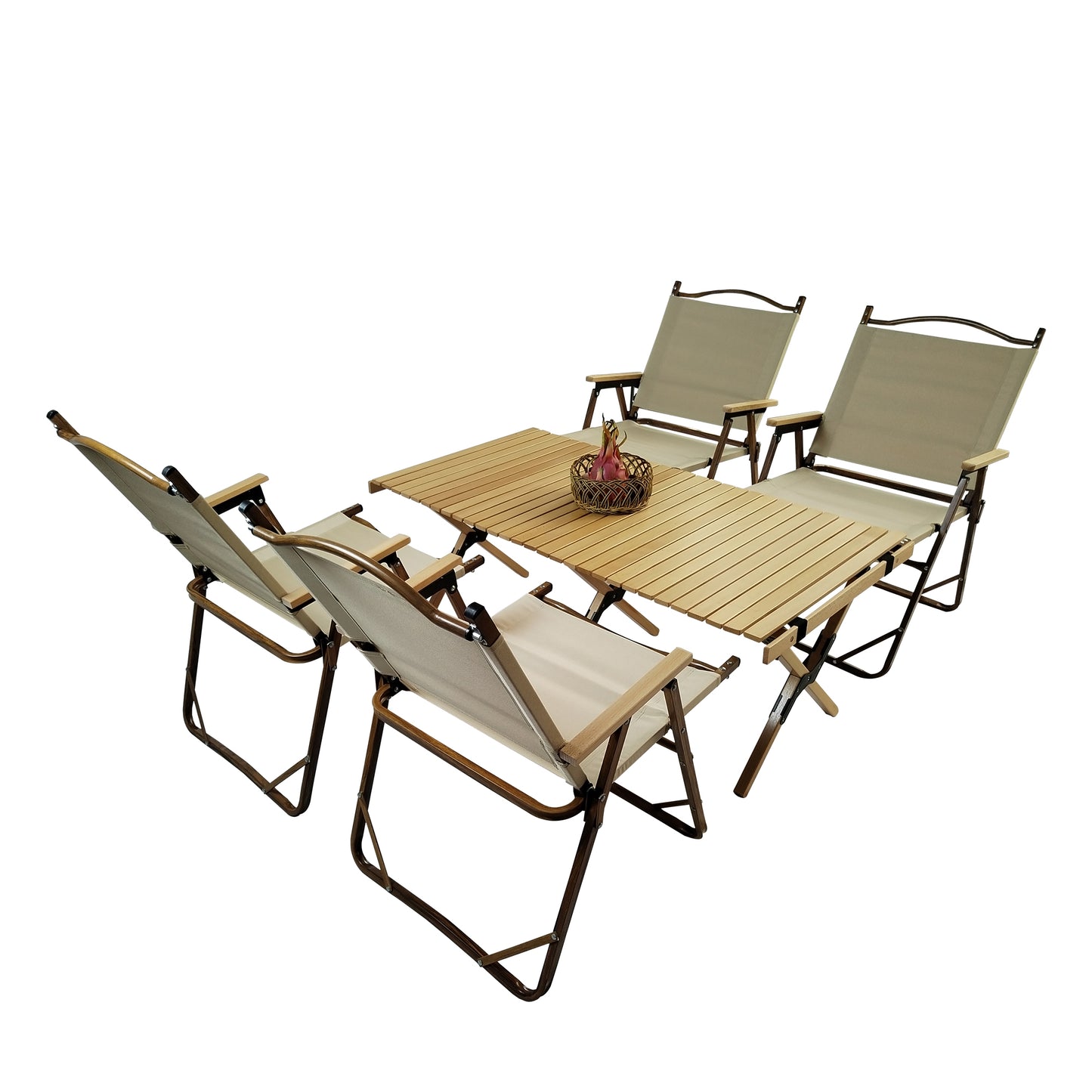 Lightweight portable camping table with four beige fabric chairs wooden slats